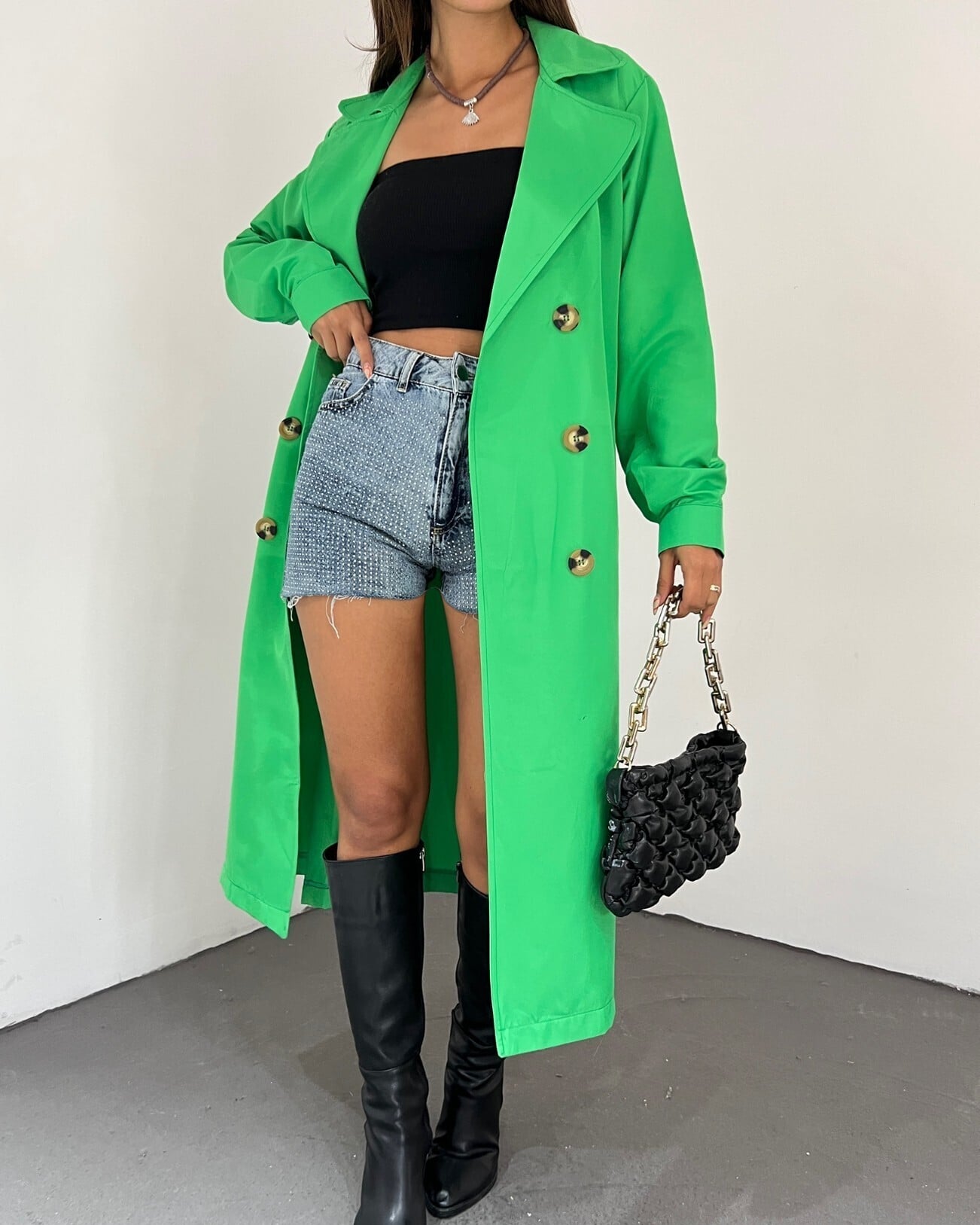 Women's Double-Breasted Belted Long Trench Coat in Green - Podyumplus - by Peralane - photo 4