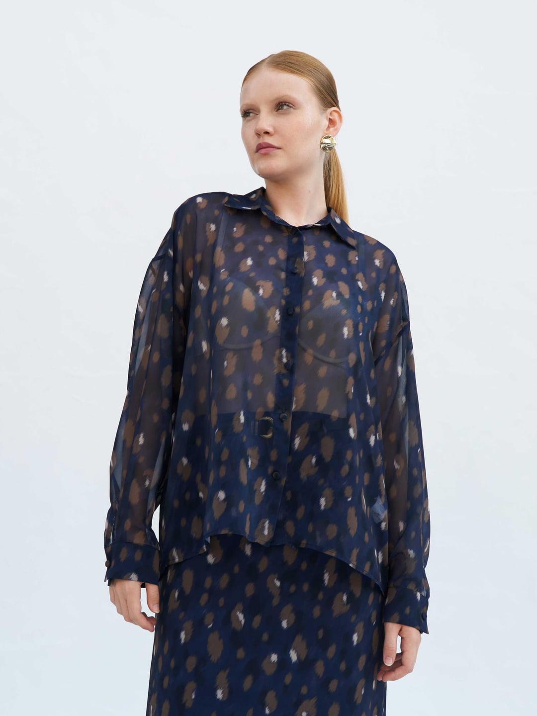 Navy Sheer Blouse with Abstract Print - Lefon - by Peralane