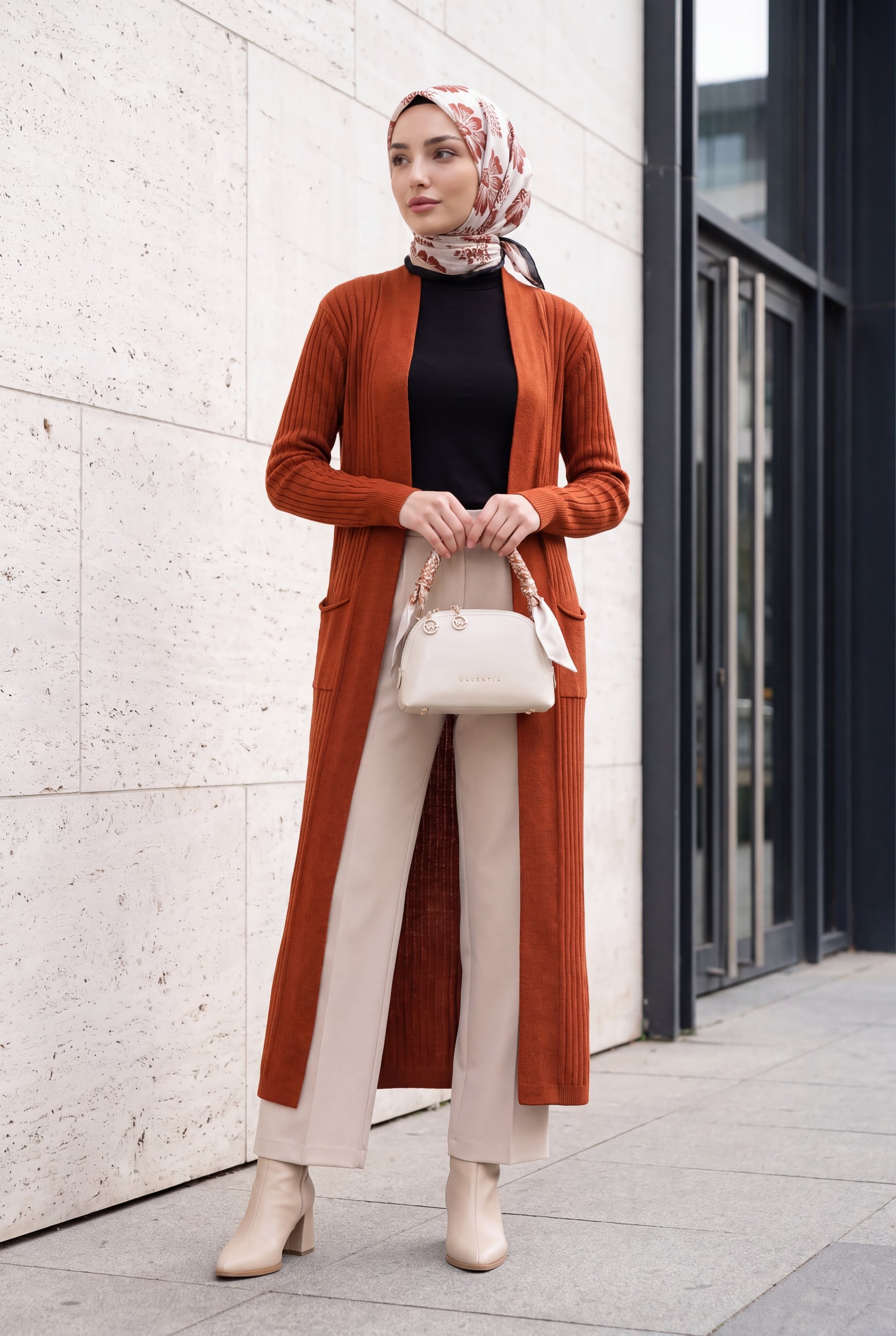 Long Ribbed Knit Cardigan with Belt - Rust - Bigdart - by Peralane - photo 2