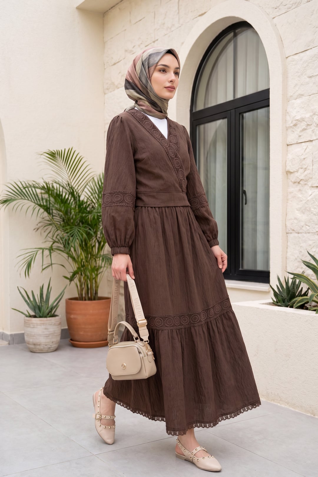 Lace Detail Wrap Top and Tiered Skirt Co-ord Set in Dark Brown - Podyumplus - by Peralane - photo 4