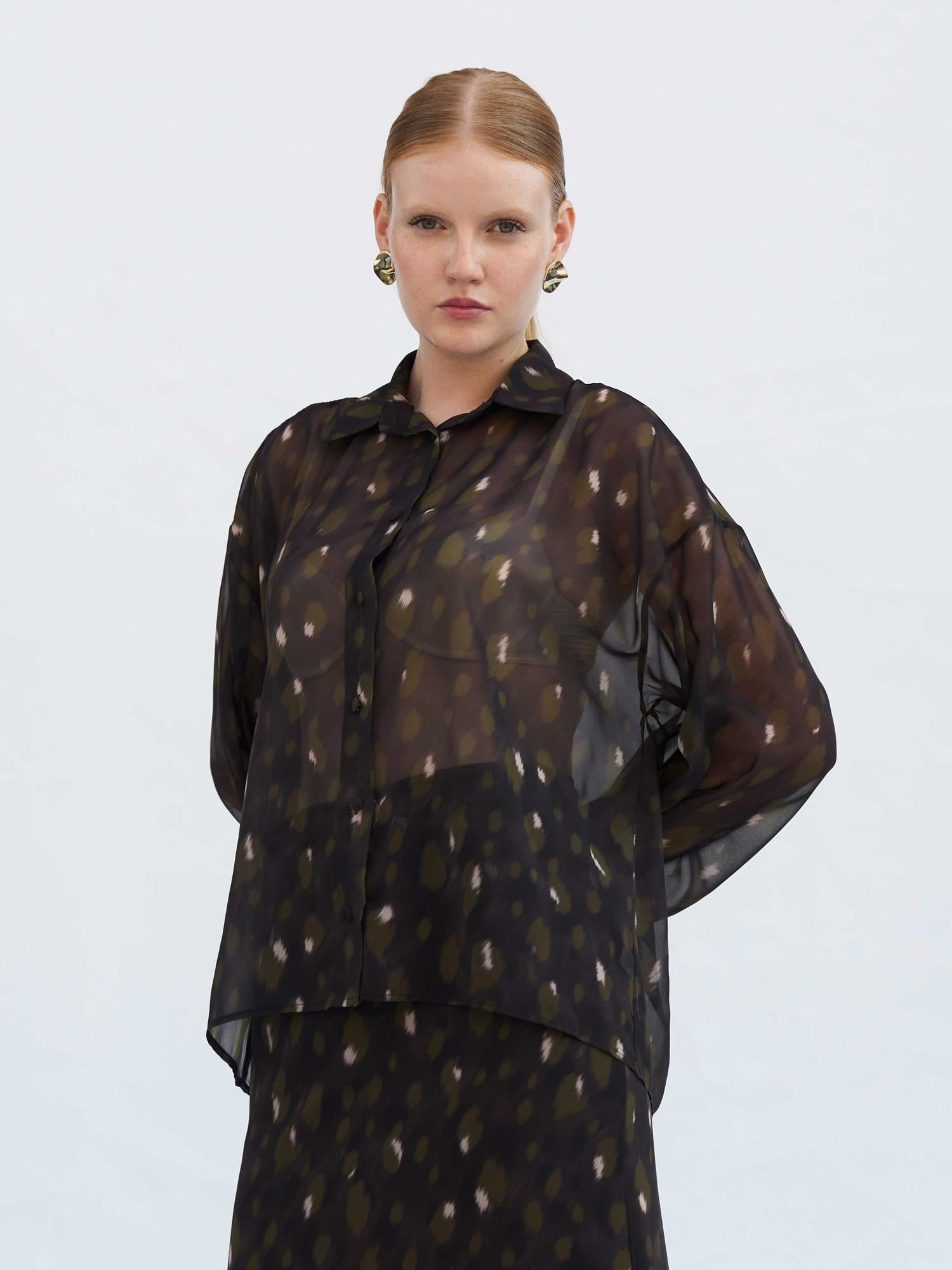 Women's Sheer Abstract Print Blouse with Collar and Button Front - Lefon - by Peralane - photo 5