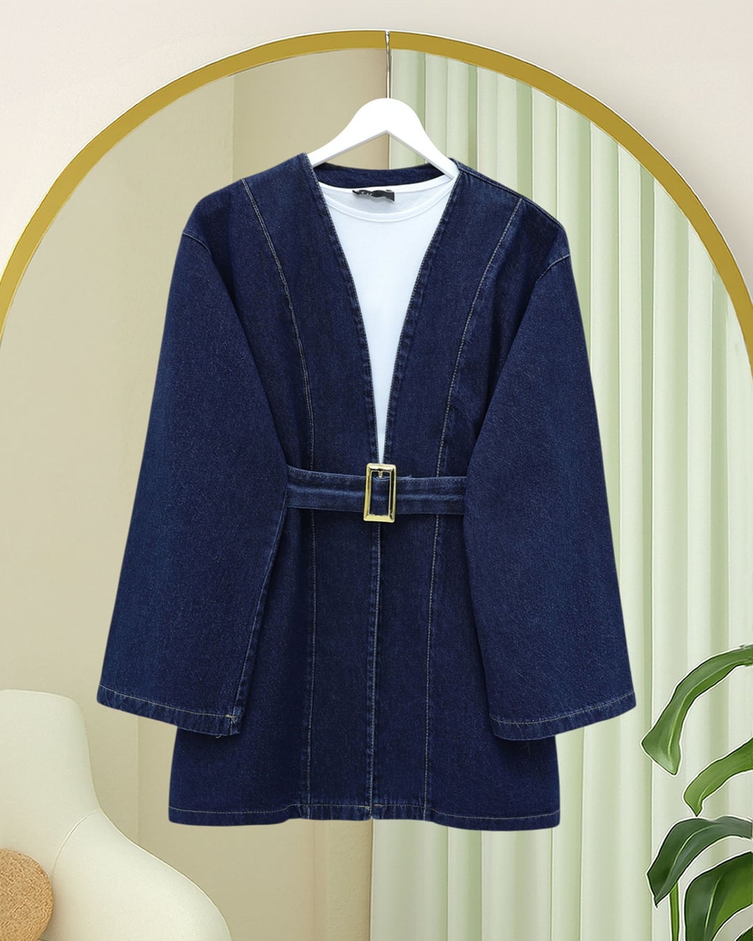 Belted Denim Kimono Jacket - Dark Blue - Podyumplus - by Peralane - photo 4