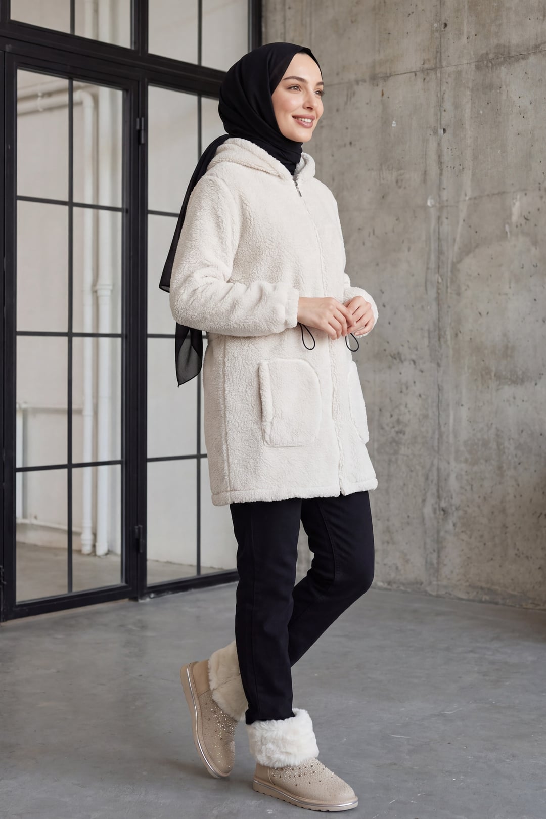 Beige Hooded Zip Fleece Jacket with Elasticated Waist - Podyumplus - by Peralane - photo 3