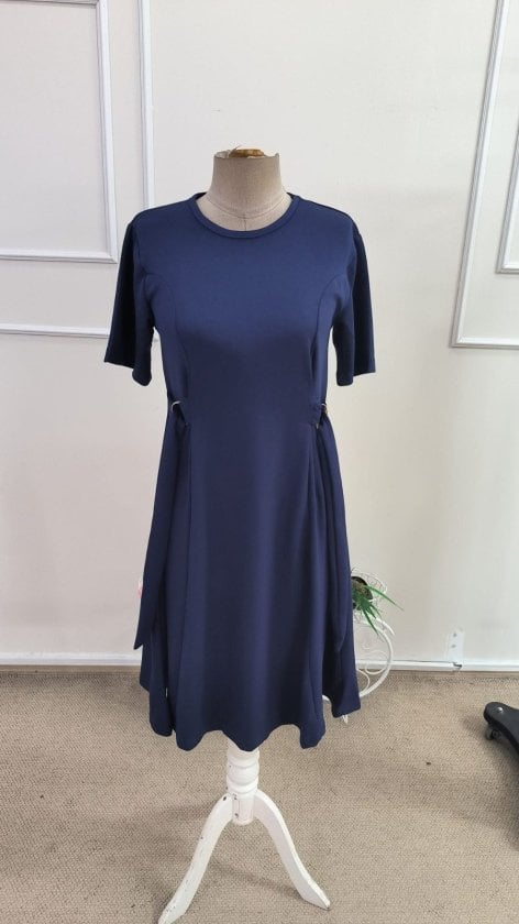 Women's Navy Blue Short Sleeve Round Neck Side Ring Detail Short Modal Dress - Janes - by Peralane - photo 4