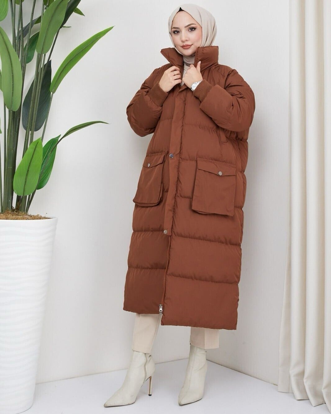 Women's Quilted Puffer Coat with Hidden Hood in Dark Brown - Podyumplus - by Peralane - photo 3