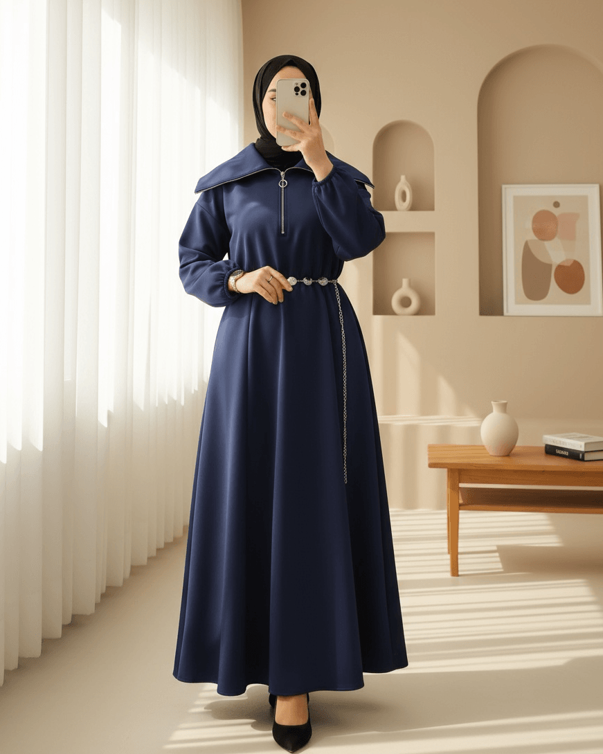 Navy Blue Half-Zip Scuba Dress with Belt - Podyumplus - by Peralane - photo 2