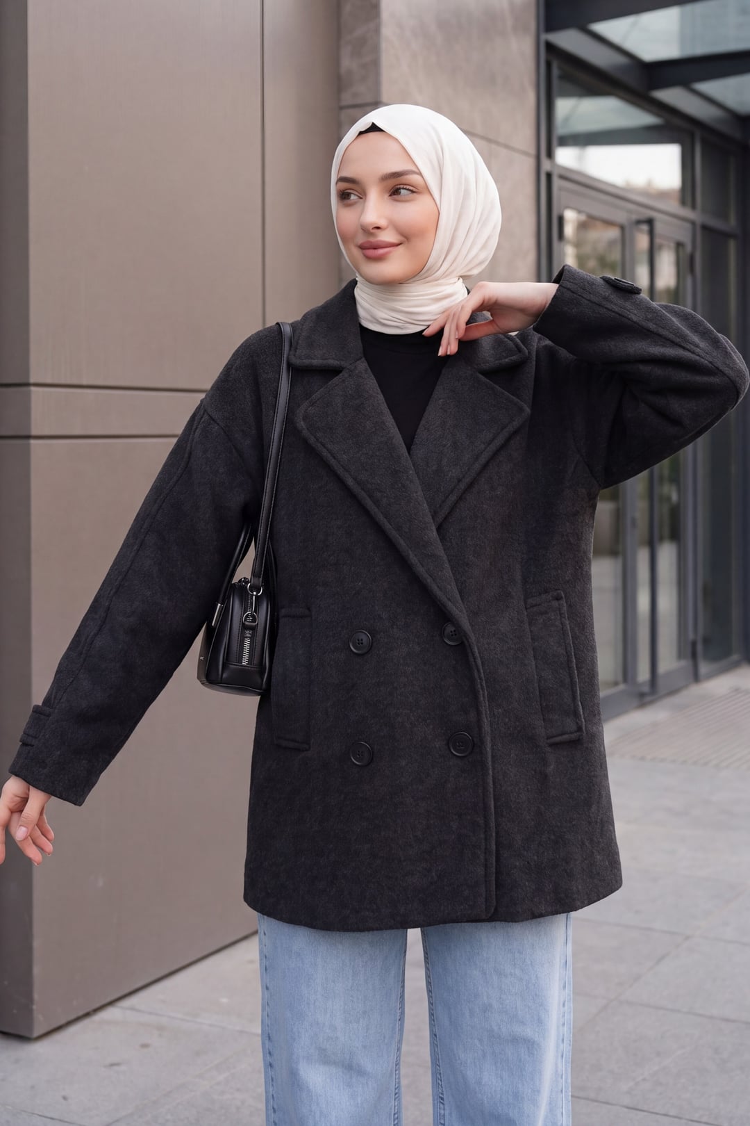 Women's Double-Breasted Notched Lapel Coat - Smoke - Bigdart - by Peralane - photo 5