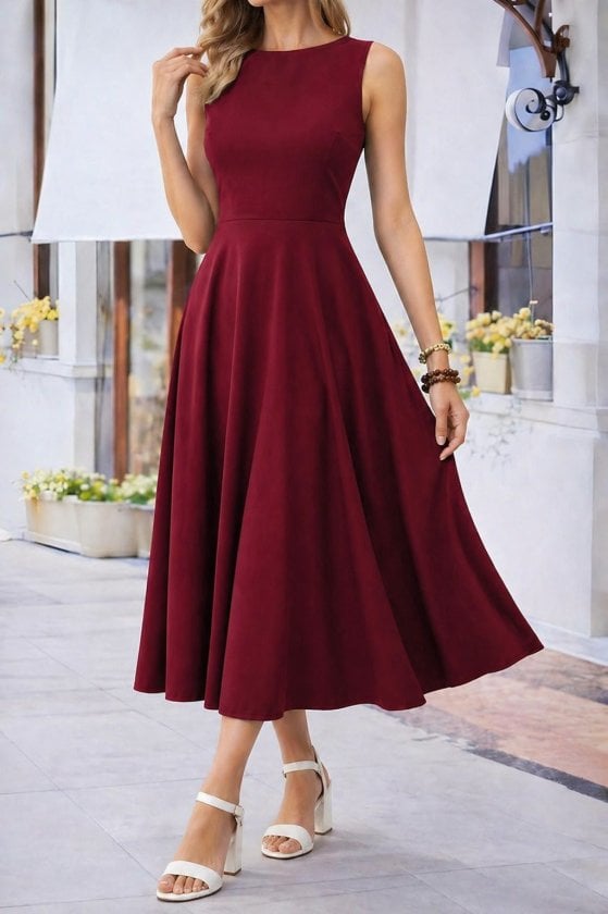 Burgundy Sleeveless Boat Neck Midi Viscose Dress - Janes - by Peralane - photo 3