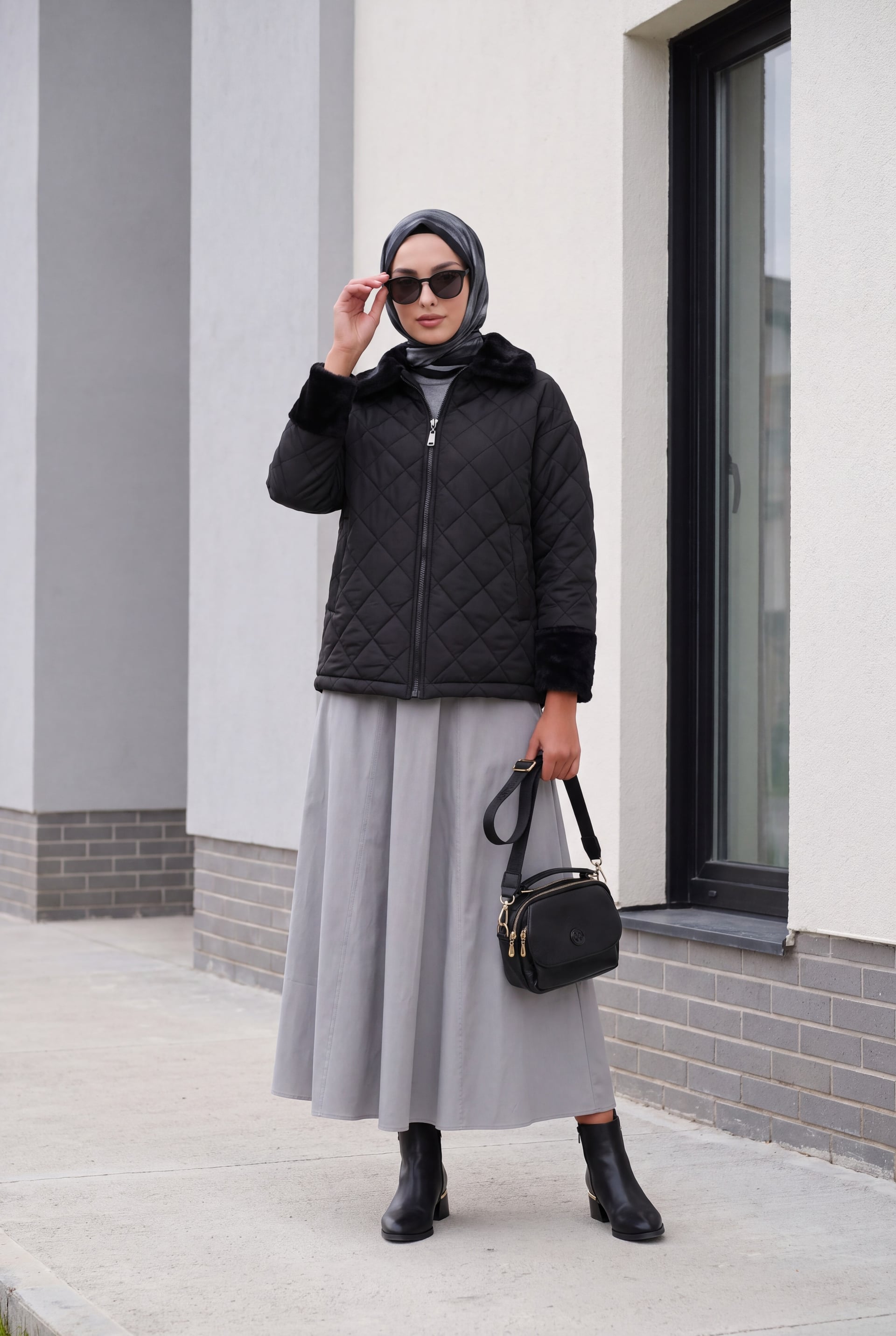 Black Quilted Jacket with Faux Fur Trim - Bigdart - by Peralane
