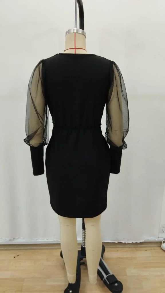 Women's Long-Sleeve Wrap-Style Crepe Dress with Belt, Black, Knee-Length - Janes - by Peralane - photo 7