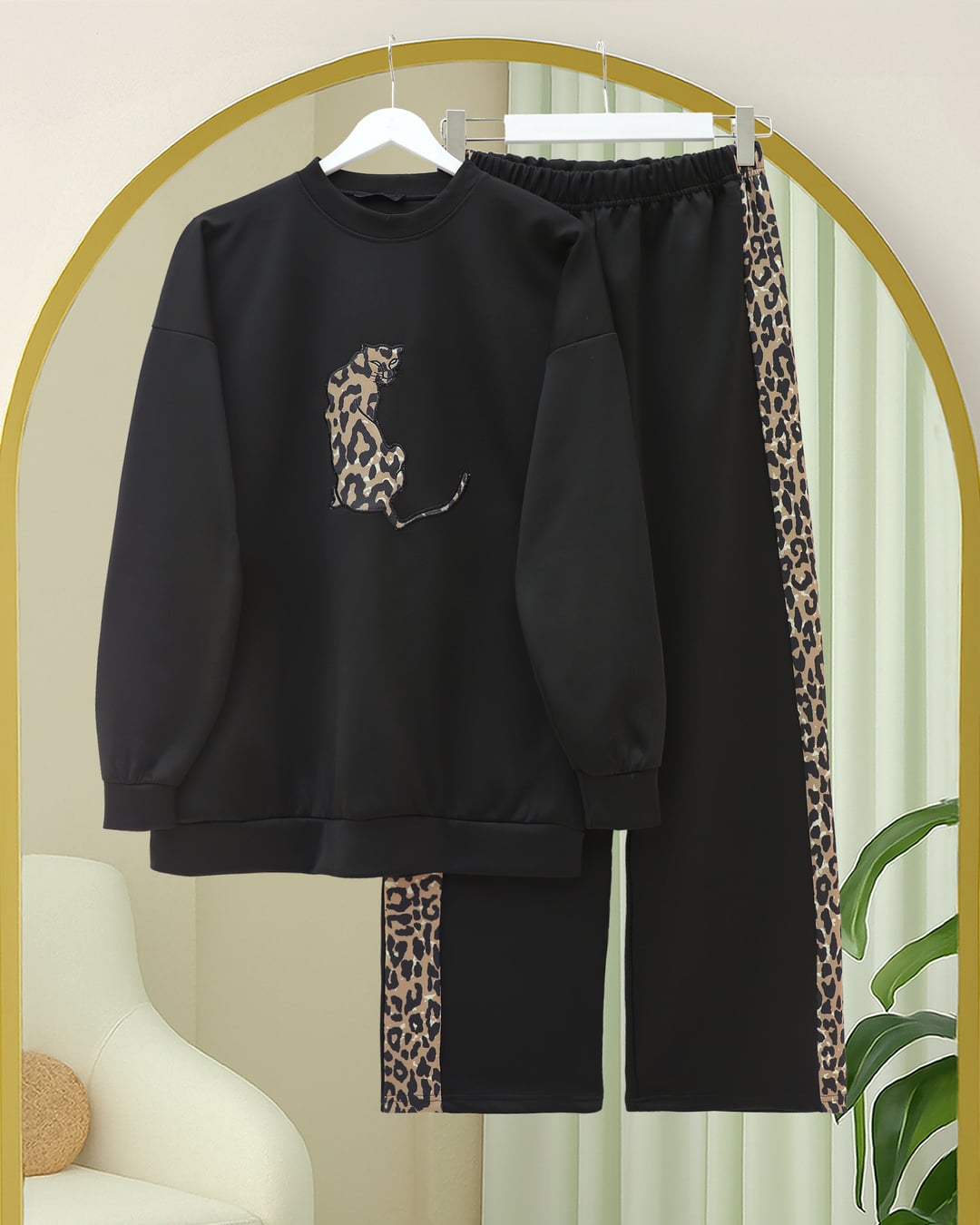 Leopard Print Scuba Lounge Set with Top and Pants - Black - Podyumplus - by Peralane - photo 2