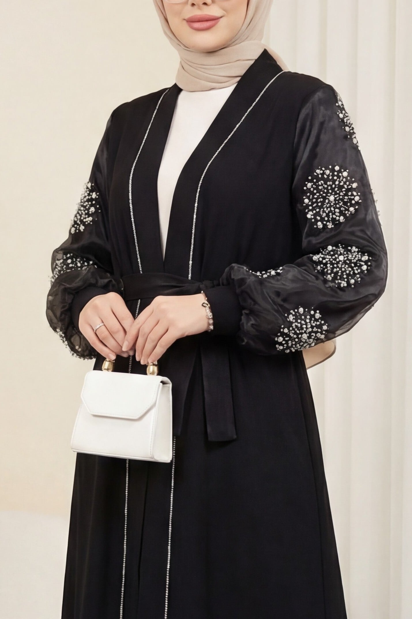 Black Belted Abaya with Pearl and Stone Detailing – Women's Modest Wear - Podyumplus - by Peralane - photo 2