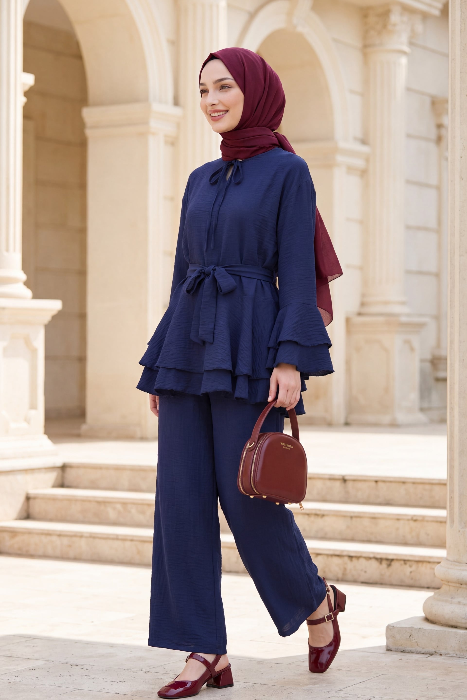 Navy Blue Jacquard Waffle Co-ord Set with Tunic and Wide-Leg Trousers - Podyumplus - by Peralane - photo 4