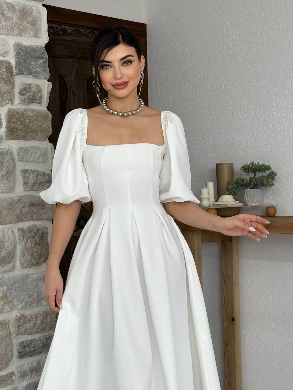 Poplin Midi Dress with Square Neck and Puff Sleeves - Ecru - Etika - by Peralane