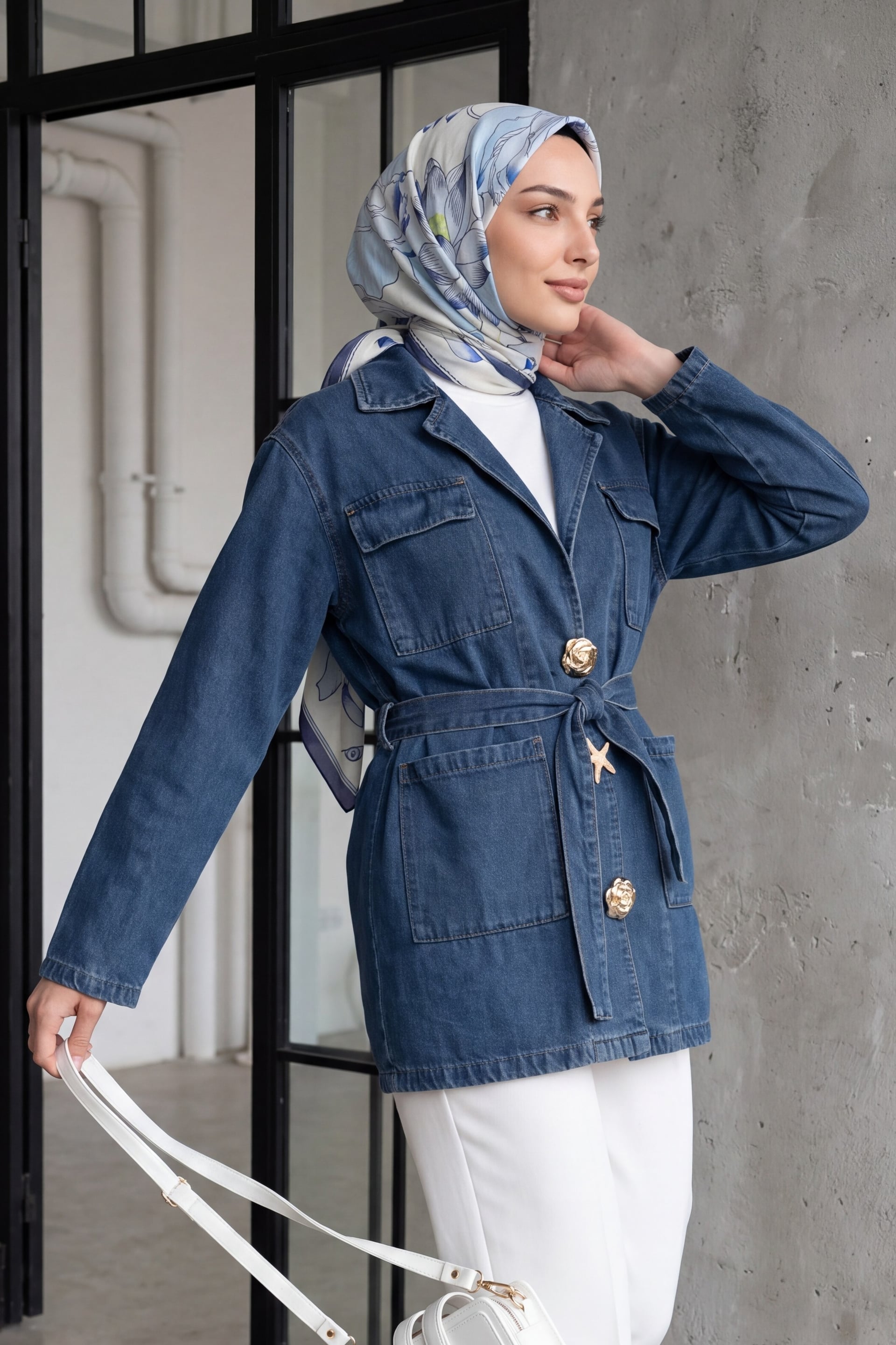 Belted Brooch Pocket Denim Jacket - Tint - Podyumplus - by Peralane - photo 2