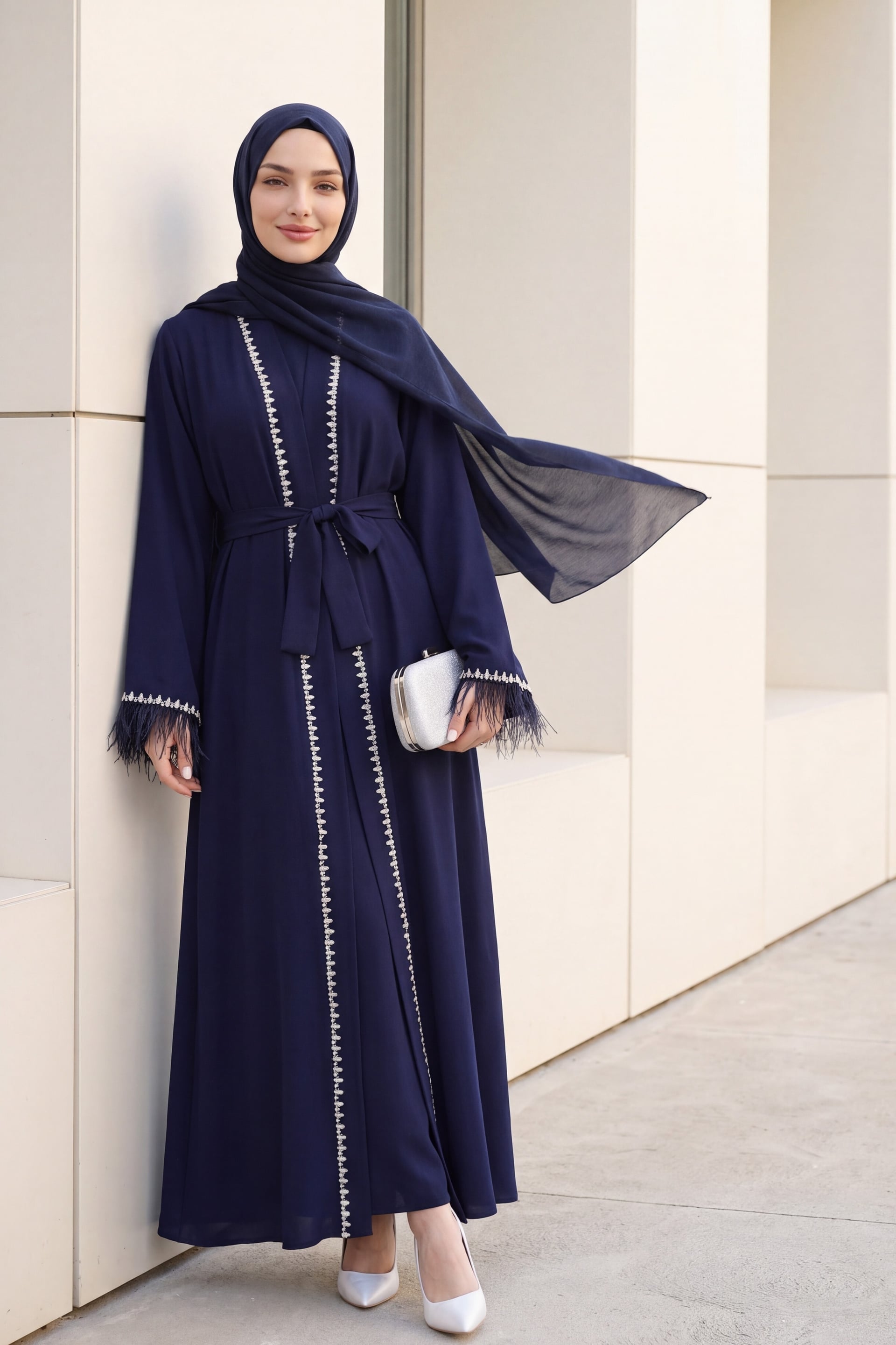 Navy Blue Beaded Trim Belted Abaya with Feathered Cuffs - Podyumplus - by Peralane - photo 2