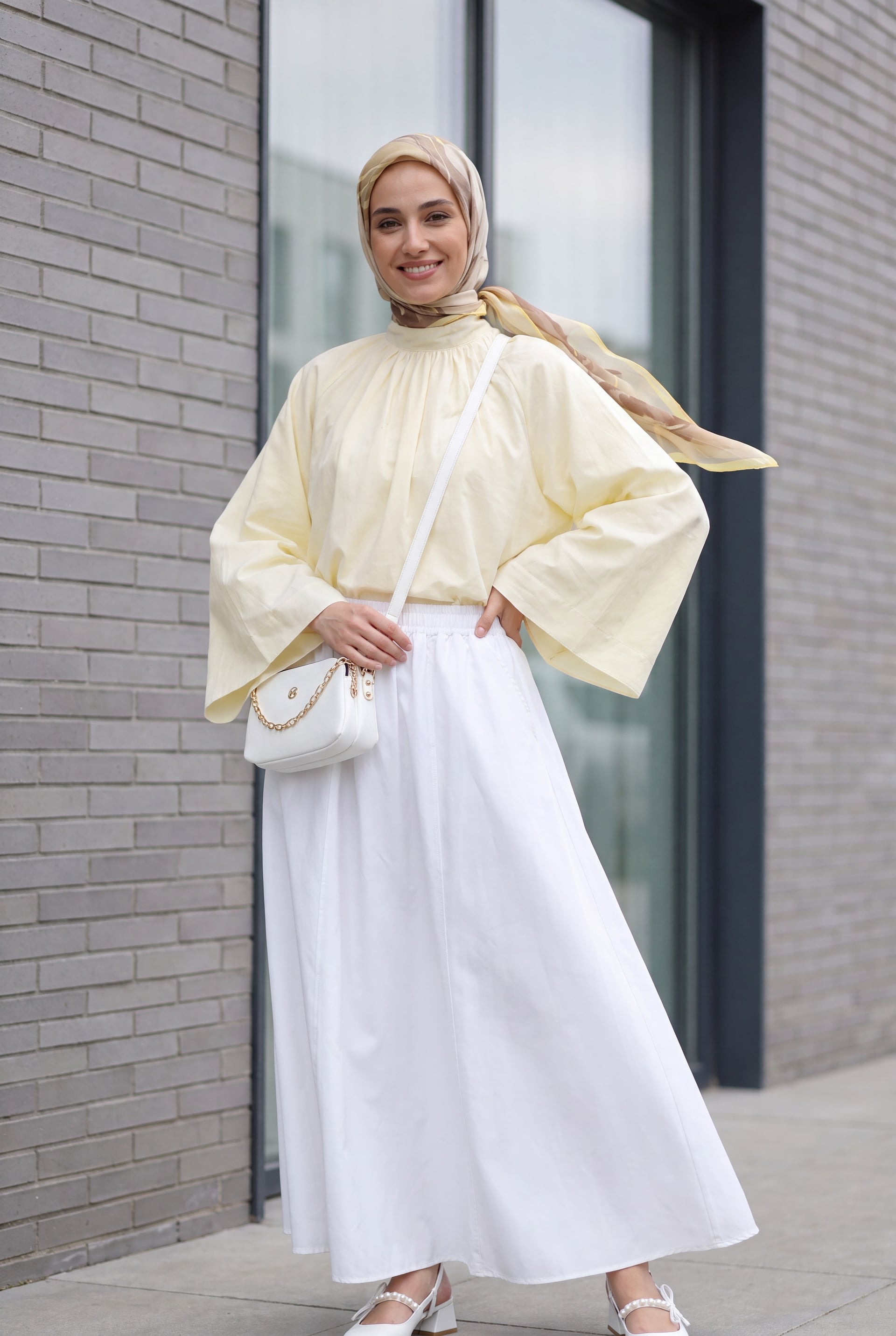 Crew Neck Spanish Sleeve Lined Voile Blouse - Light Yellow - Podyumplus - by Peralane - photo 5