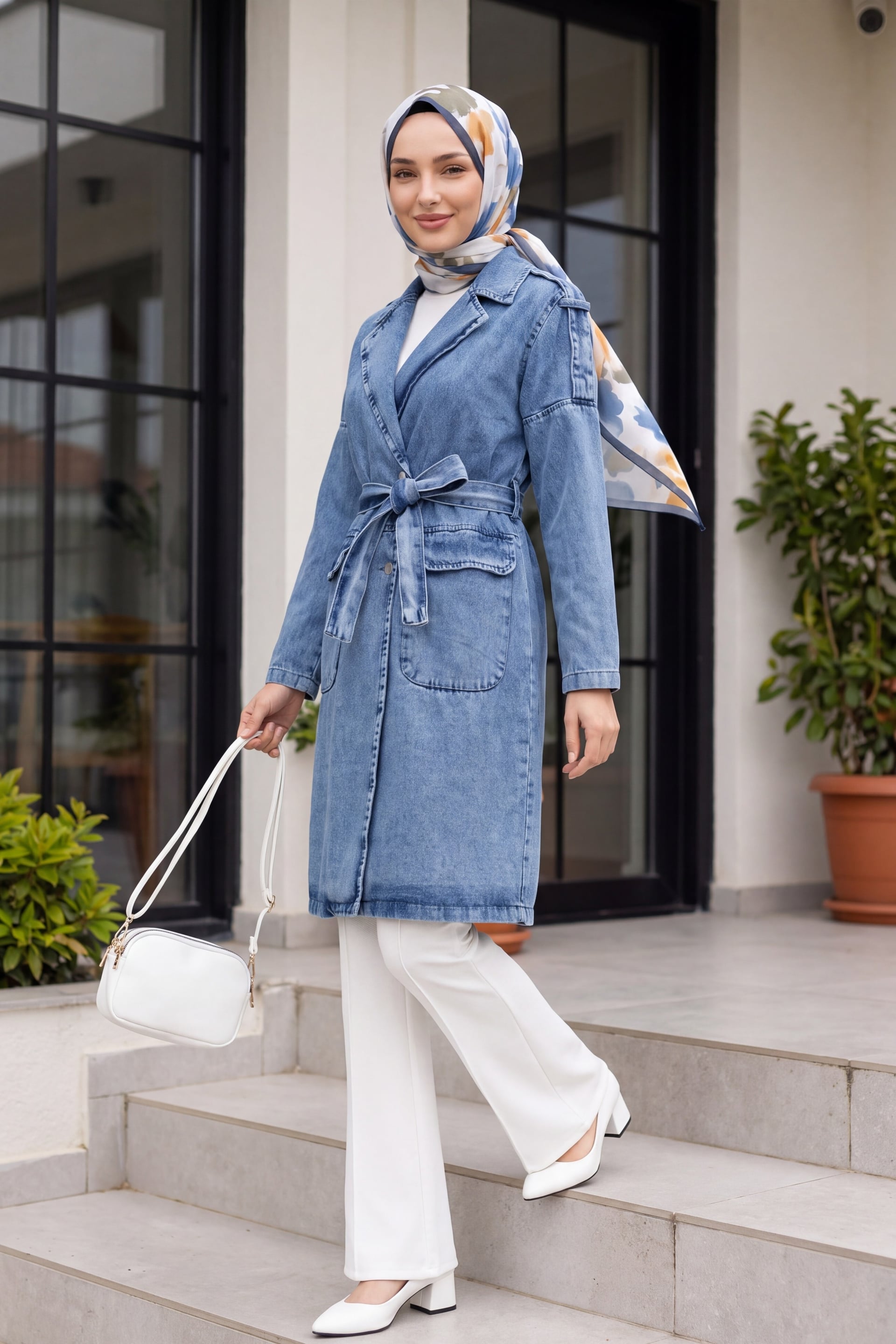 Shoulder Epaulette Pocket Belted Denim Trench Coat - Ice Blue - Podyumplus - by Peralane - photo 3