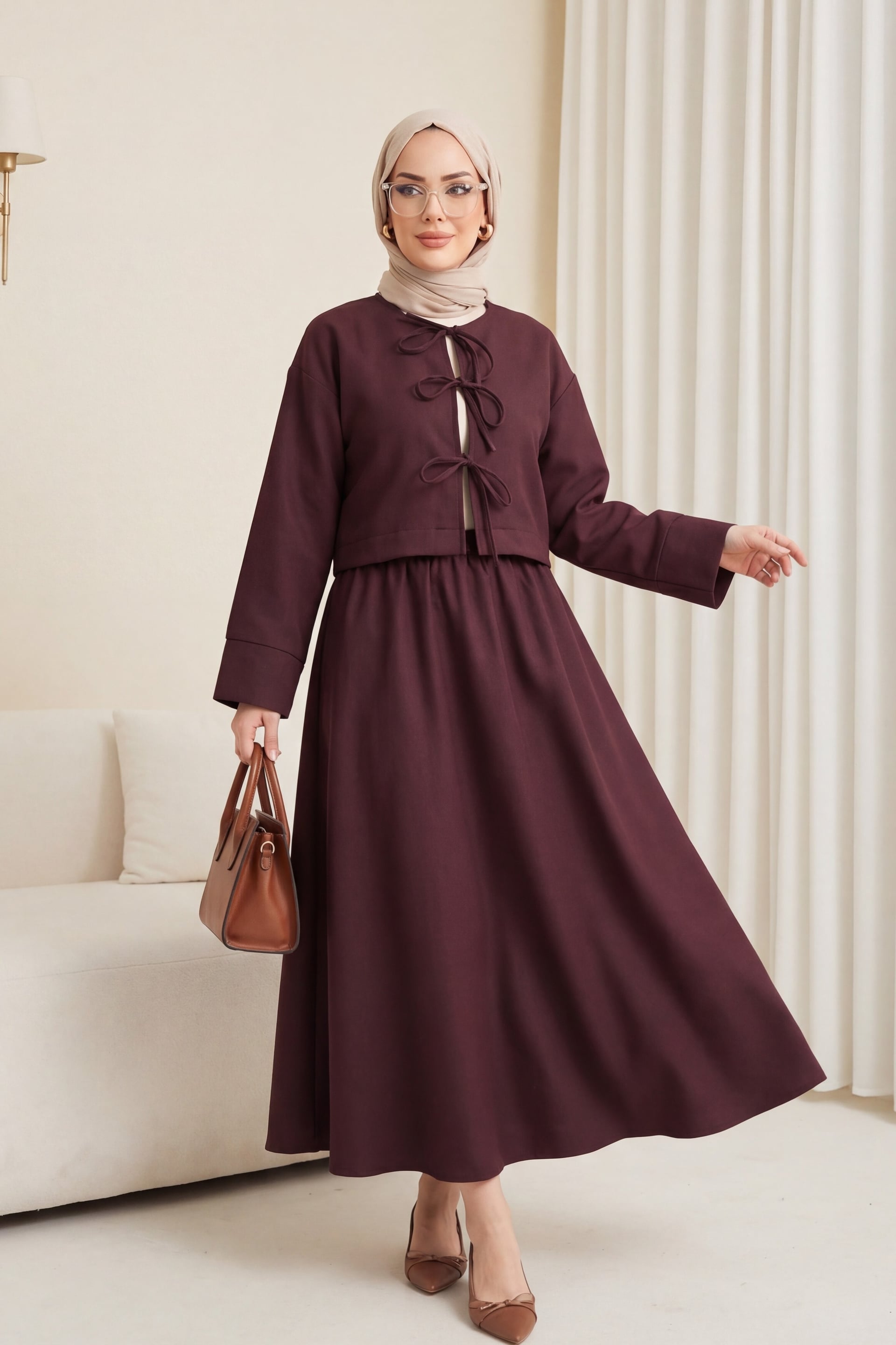 Front Lace-Up Waistband Elasticated Skirt Two-Piece Set in Dark Brown - Podyumplus - by Peralane - photo 5