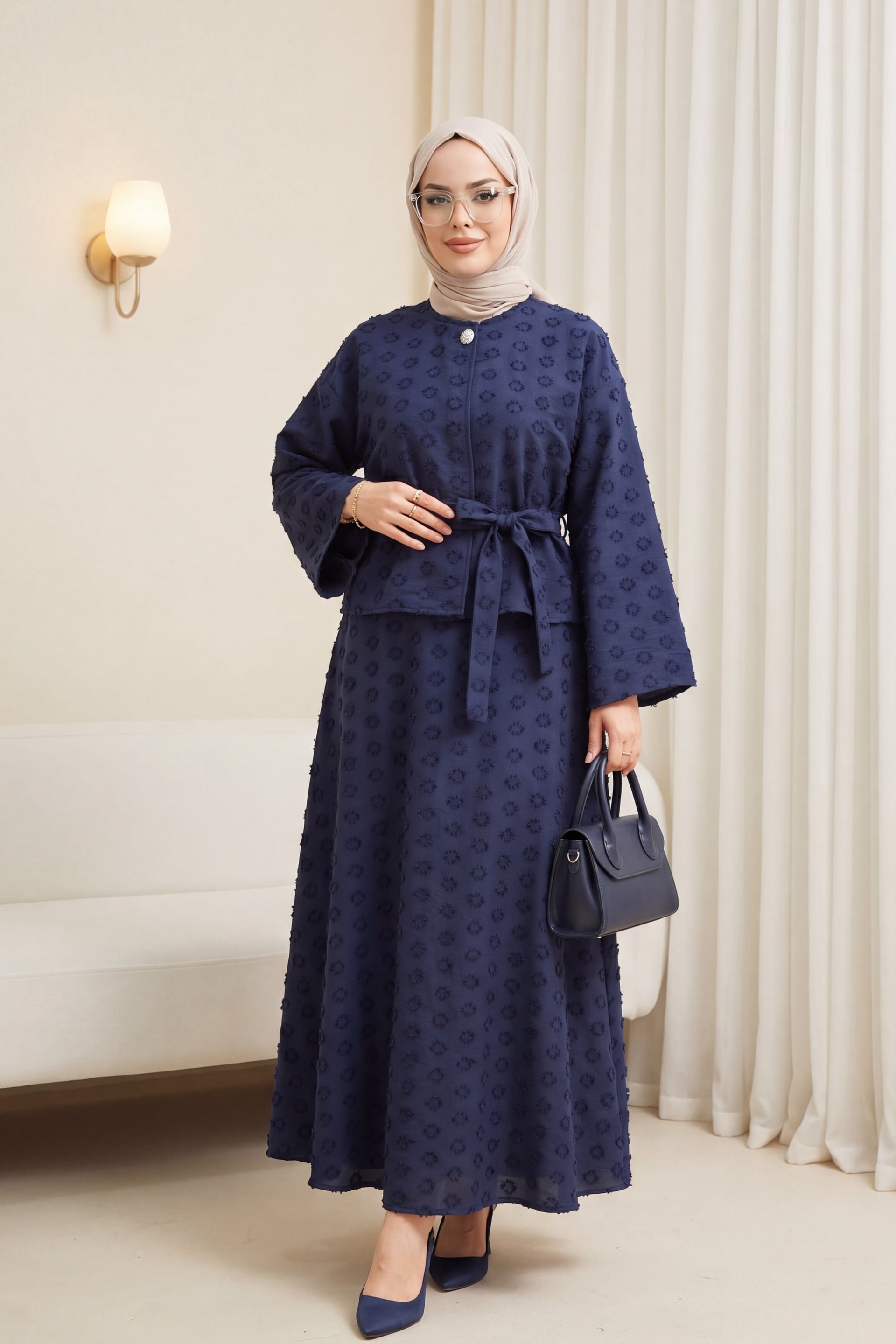 Navy Blue Voile Crepe Two-Piece Set with Embroidery and Tie Waist - Podyumplus - by Peralane - photo 2