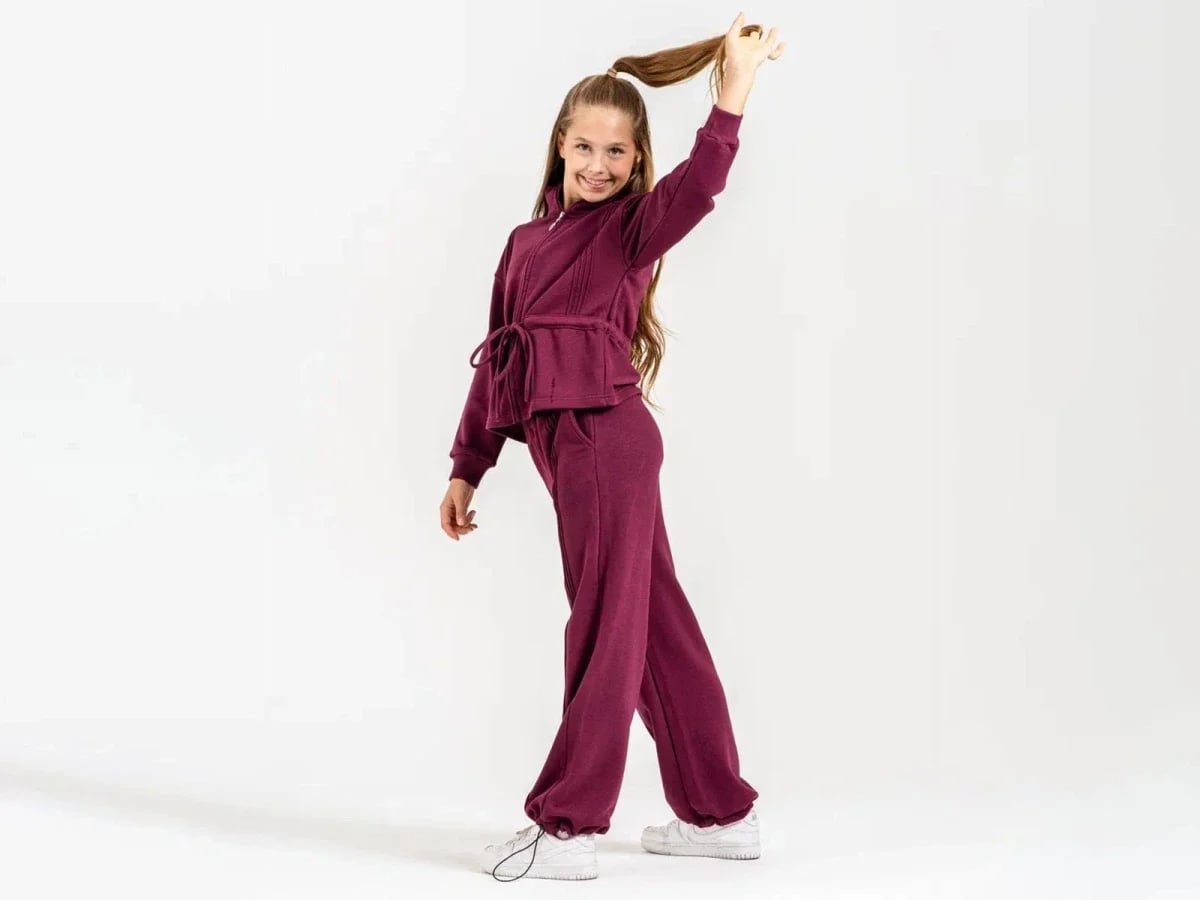 Girls' Tracksuit Set with Zip-Up Jacket and Trousers - Bordeaux - ÖZ Bebe - by Peralane