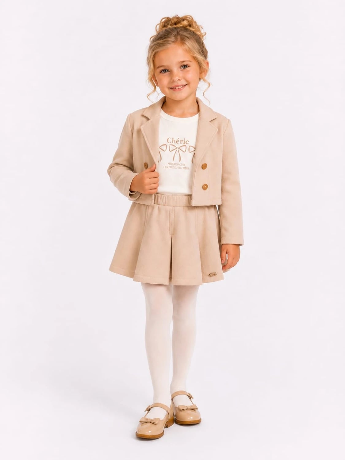 Girls' Three-Piece Suit Set with Suede Jacket and Skirt - Beige - Serkon Baby - by Peralane