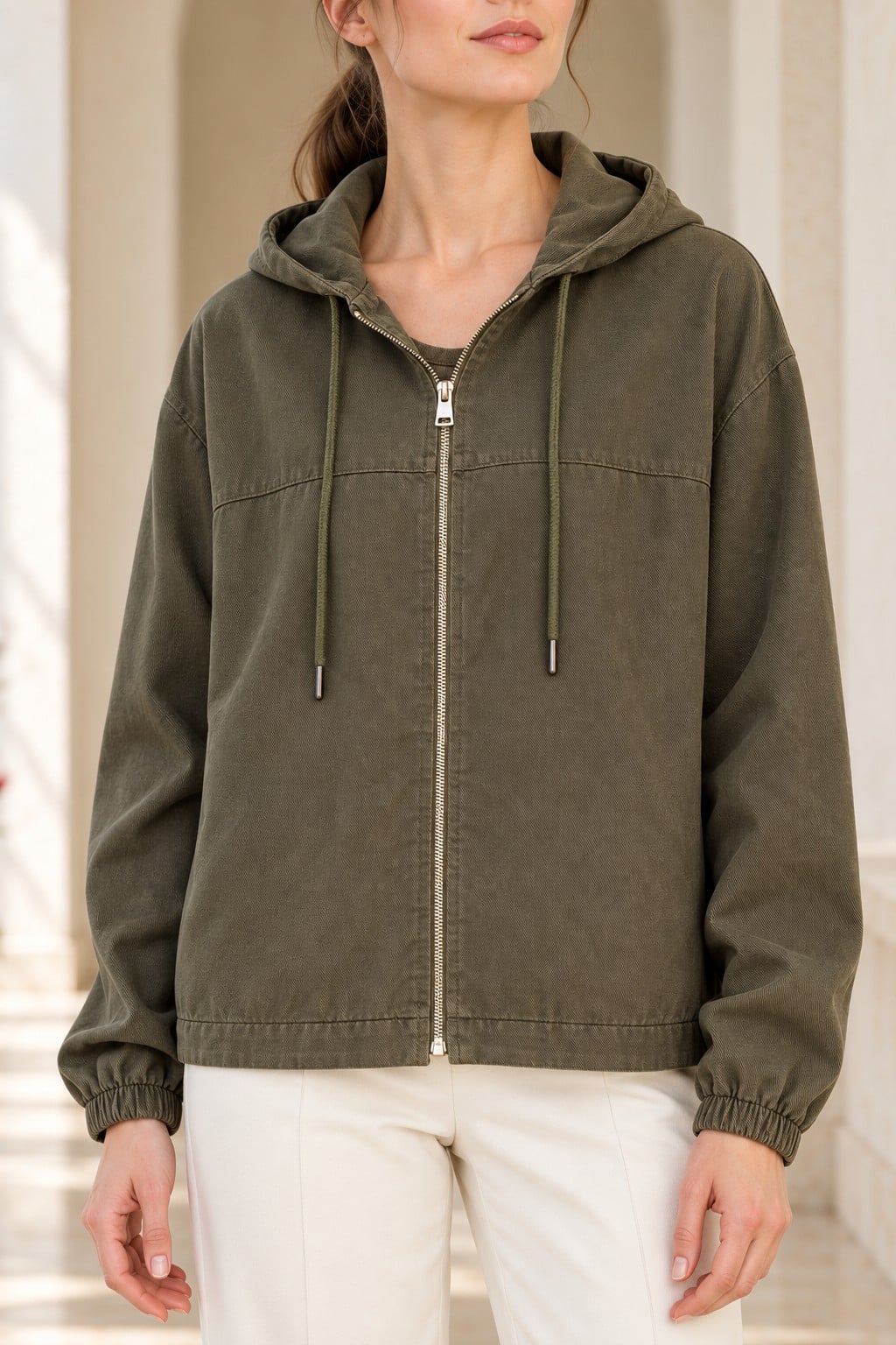 Women's Hooded Woven Jacket with Stone and Pearl Embellishment - Pine Green - Xlove - by Peralane - photo 2