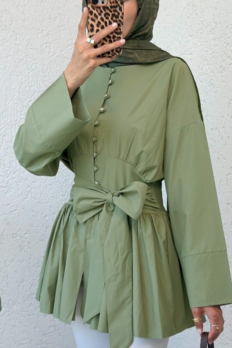 Belted Stone Button Tunic - Light Green - Podyumplus - by Peralane