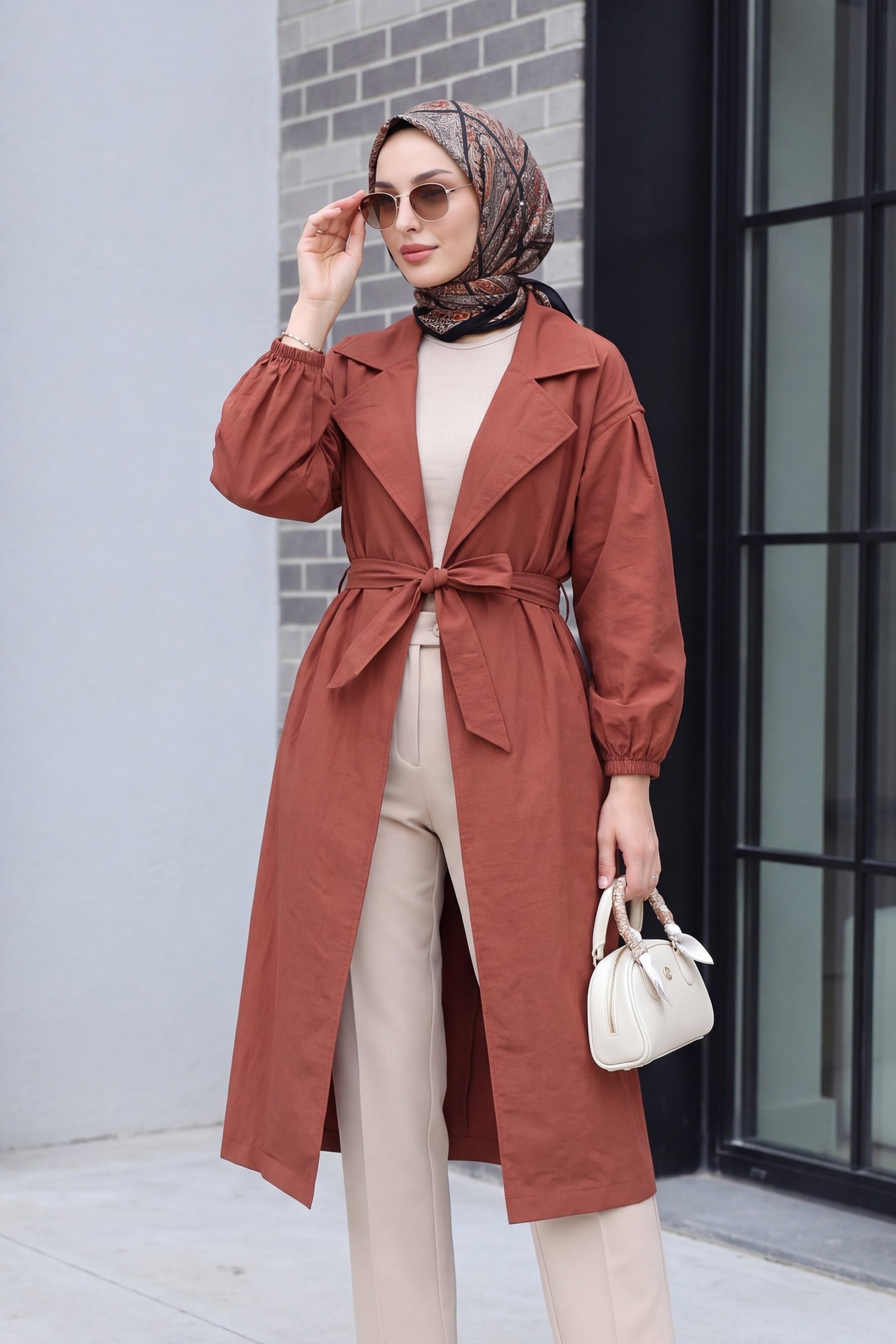 Rust Trench Coat with Elastic Cuffs and Belt for Women - Podyumplus - by Peralane
