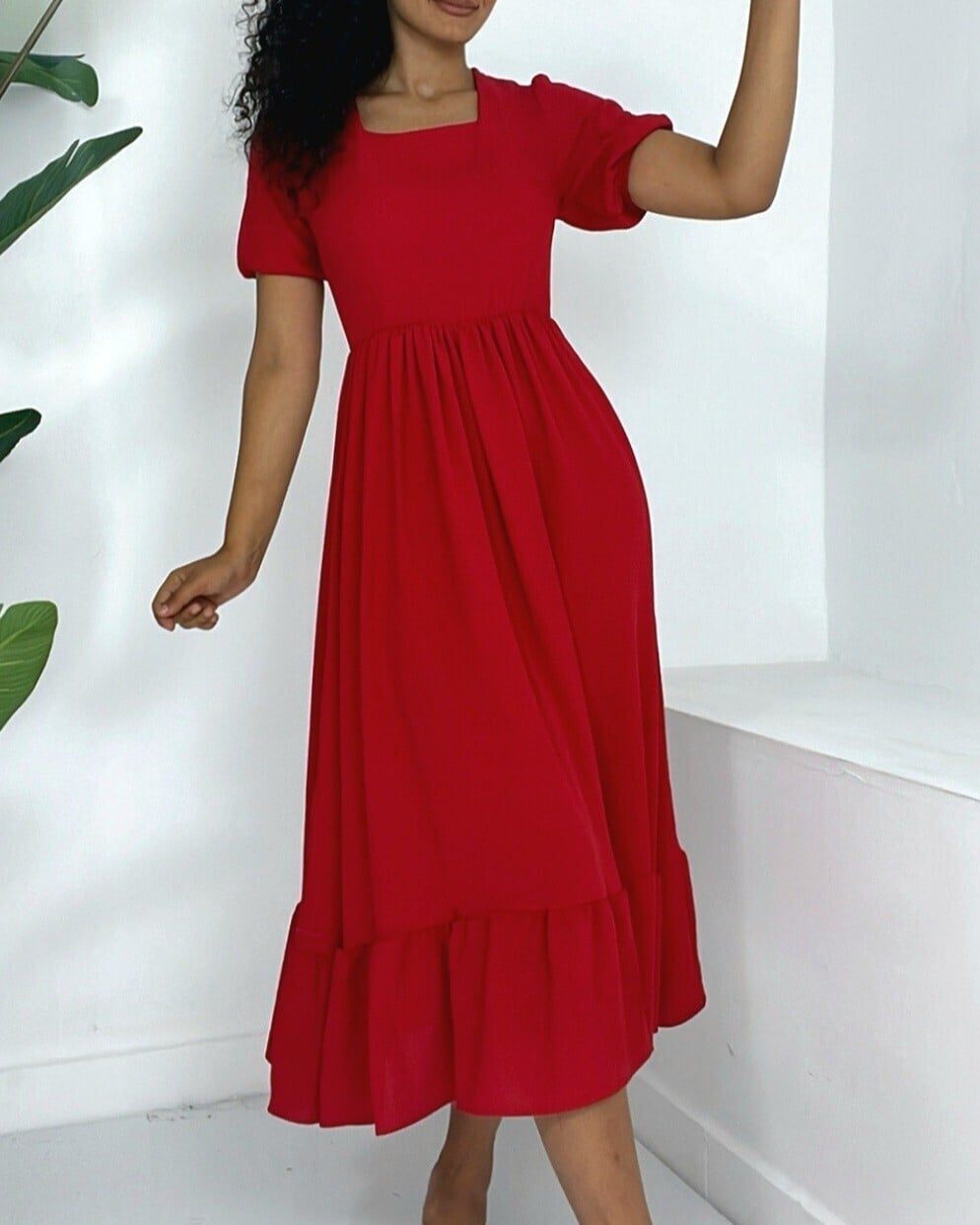 Red Square Neck Short Sleeve Elastic Waist Ruffle Hem Midi Dress - Podyumplus - by Peralane - photo 2