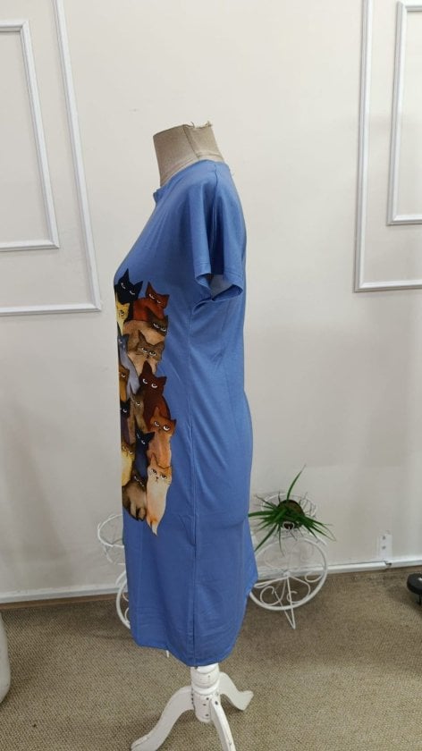 Short Sleeve Crew Neck Cat Print Midi Viscose Dress - Janes - by Peralane - photo 6