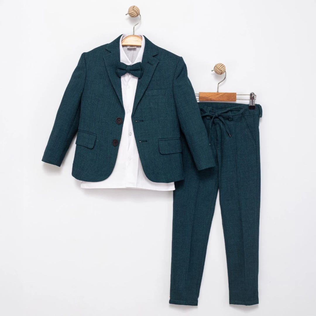 Boys' 4-Piece Formal Suit Set with Houndstooth Jacket and Vest - Green - Terry - by Peralane