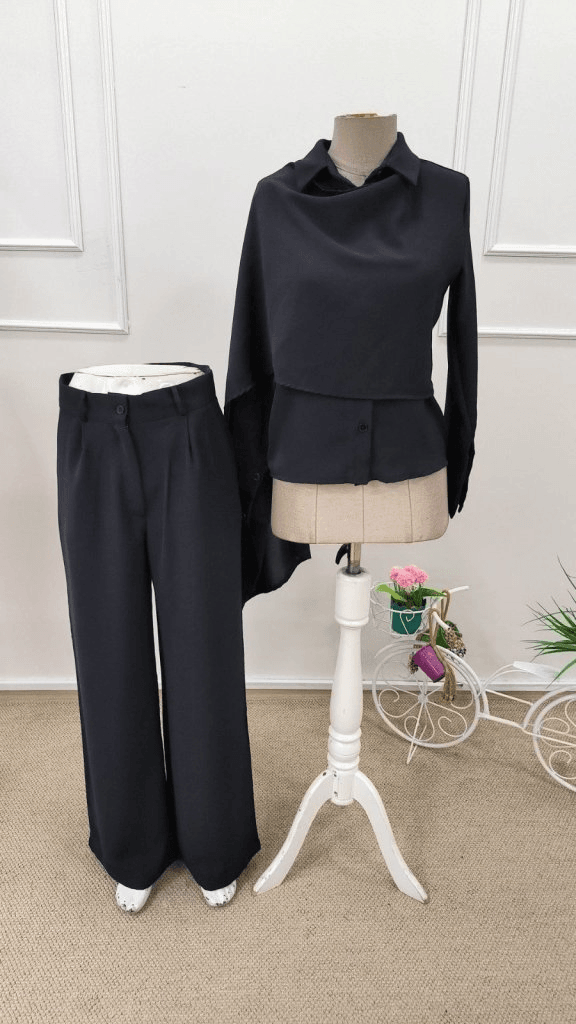 Women's Long Sleeve Shawl Detail Blouse and Trousers Two-Piece Set with Belt - Janes - by Peralane - photo 4