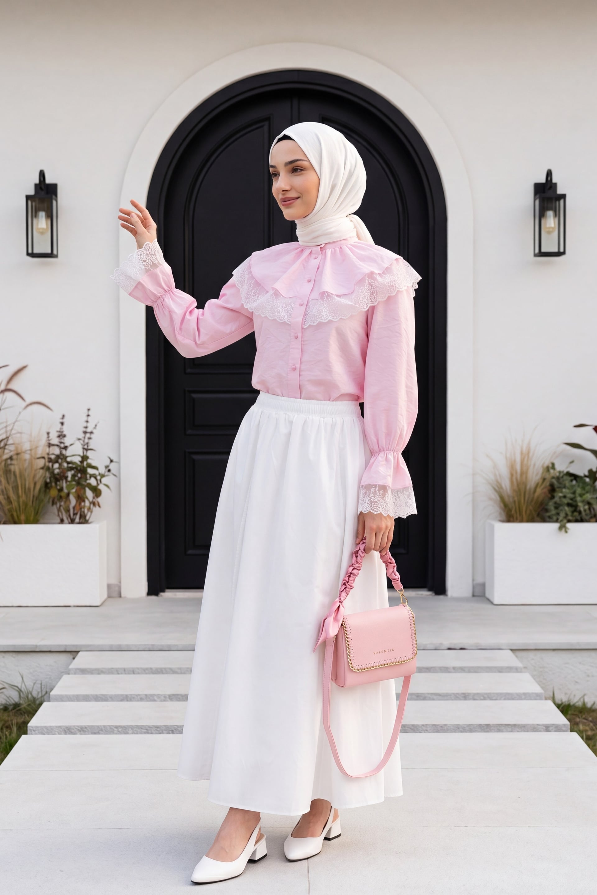 Hakim Collar Elastic Cuff Lace Detail Button Modal Blouse - Powder - Podyumplus - by Peralane - photo 7