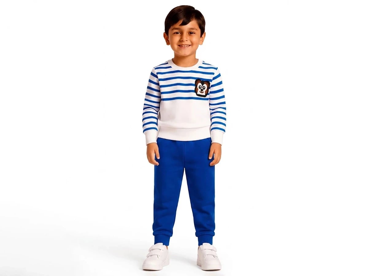 Striped 3-Thread Brushed Boys' Sweatshirt and Trousers Set - Blue - Bittos Kids - by Peralane