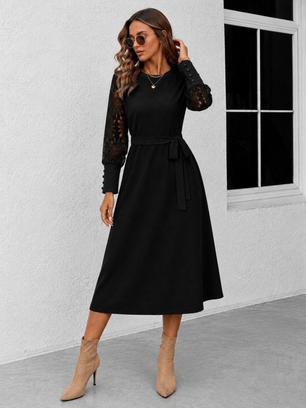 Women's Long-Sleeve Round Neck Midi Waffle Dress with Belt - Janes - by Peralane - photo 2