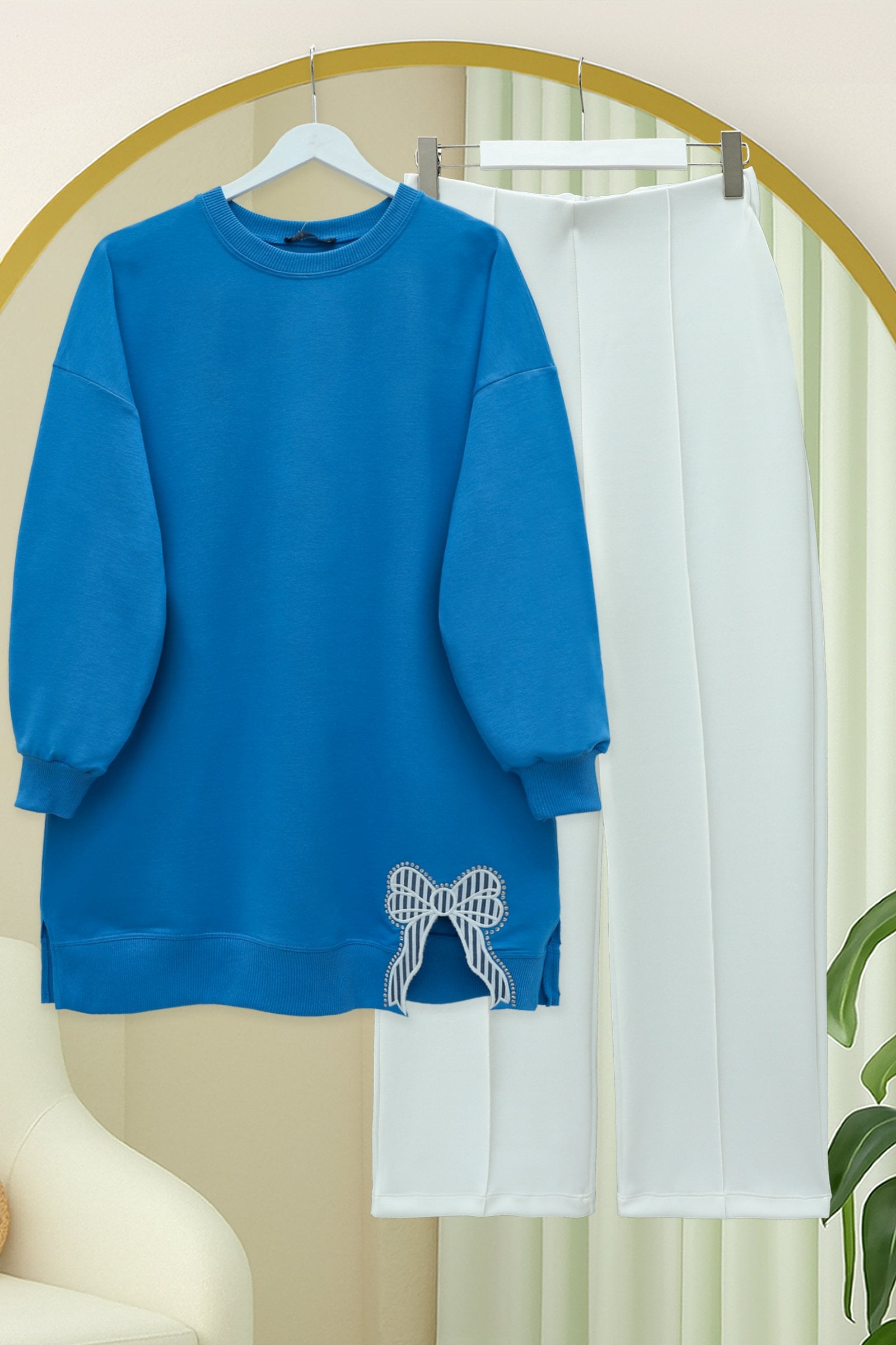 Round Neck Bow Detail Casual Knit Tunic - Blue - Podyumplus - by Peralane - photo 4