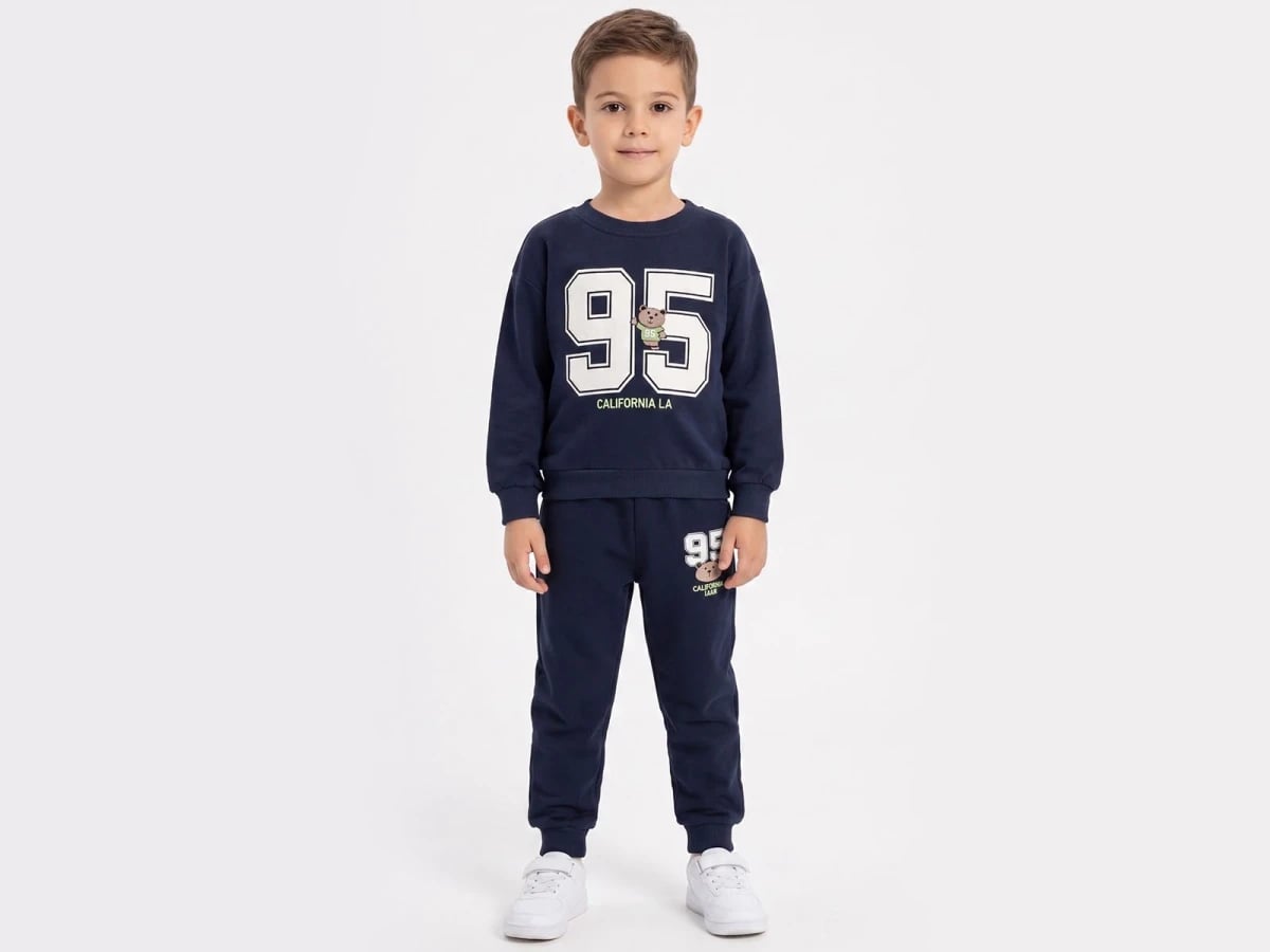 Boys' Navy Blue Sweatshirt and Trousers Set with 95 Print - Vovido - by Peralane
