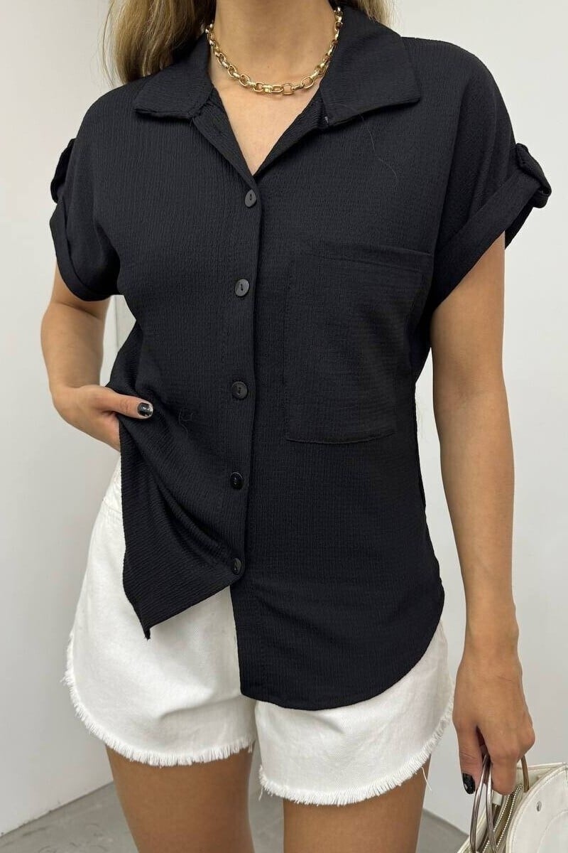 Black Crinkled Blouse with Double Cuff and Chest Pocket - Podyumplus - by Peralane