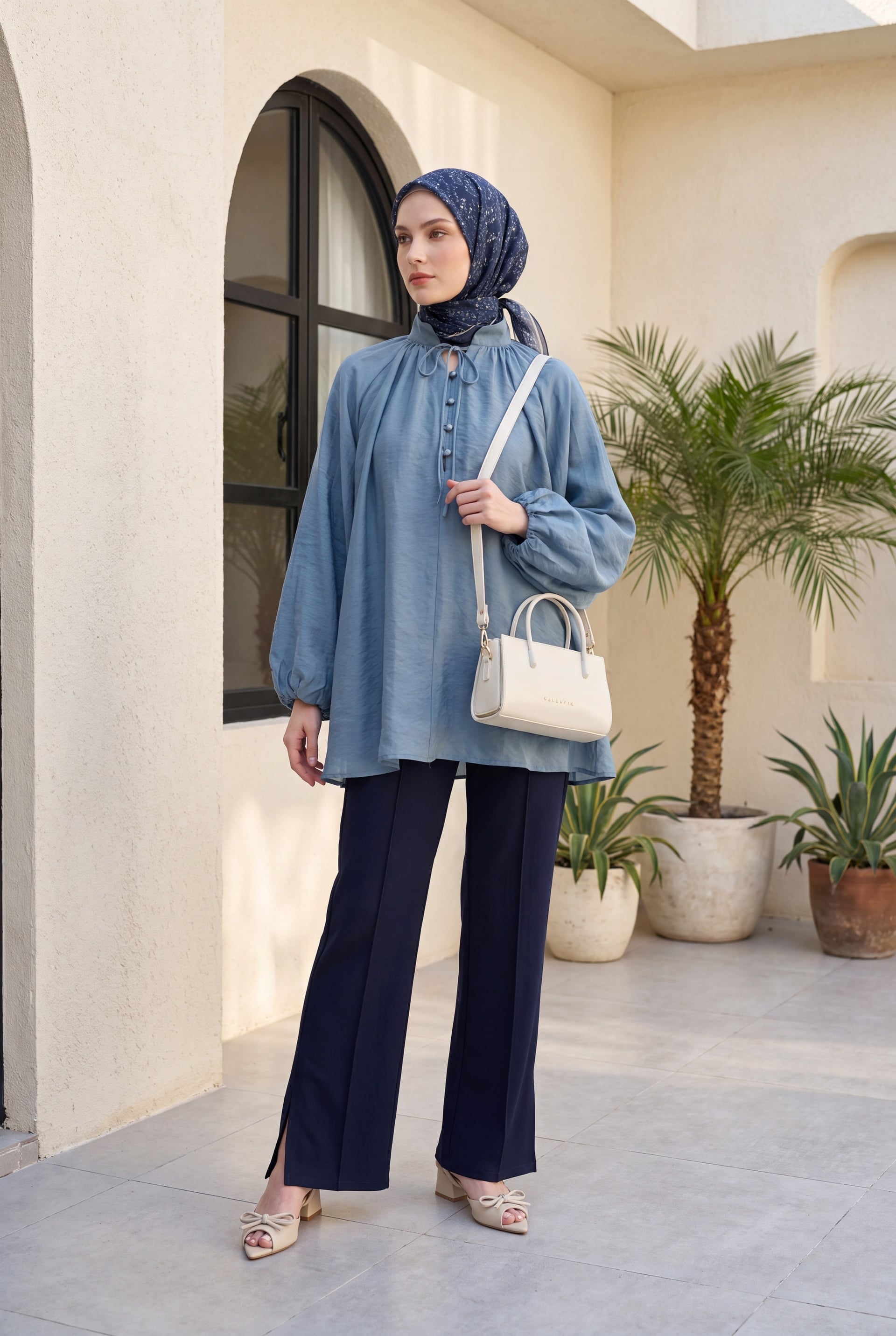Tie-Front Half-Button Lined Oversize Tulle Voile Blouse - Petrol - Podyumplus - by Peralane - photo 5