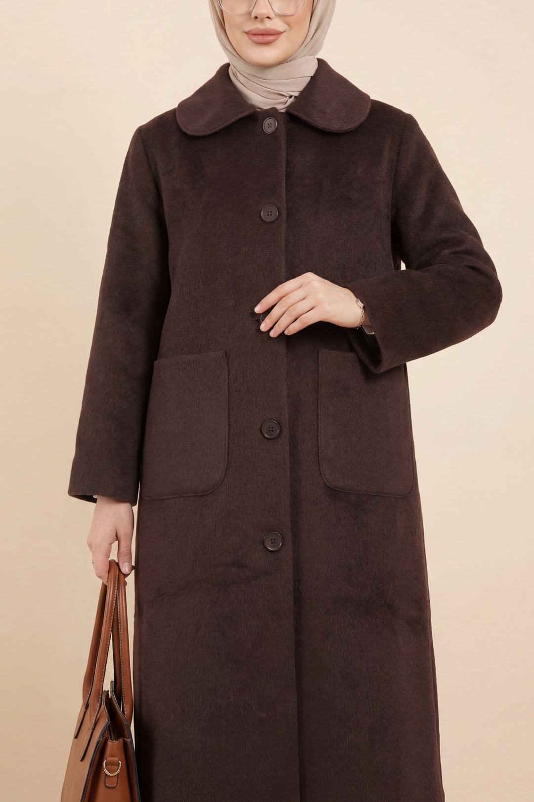 Long Button-Front Pocket Coat - Brown - Podyumplus - by Peralane - photo 2