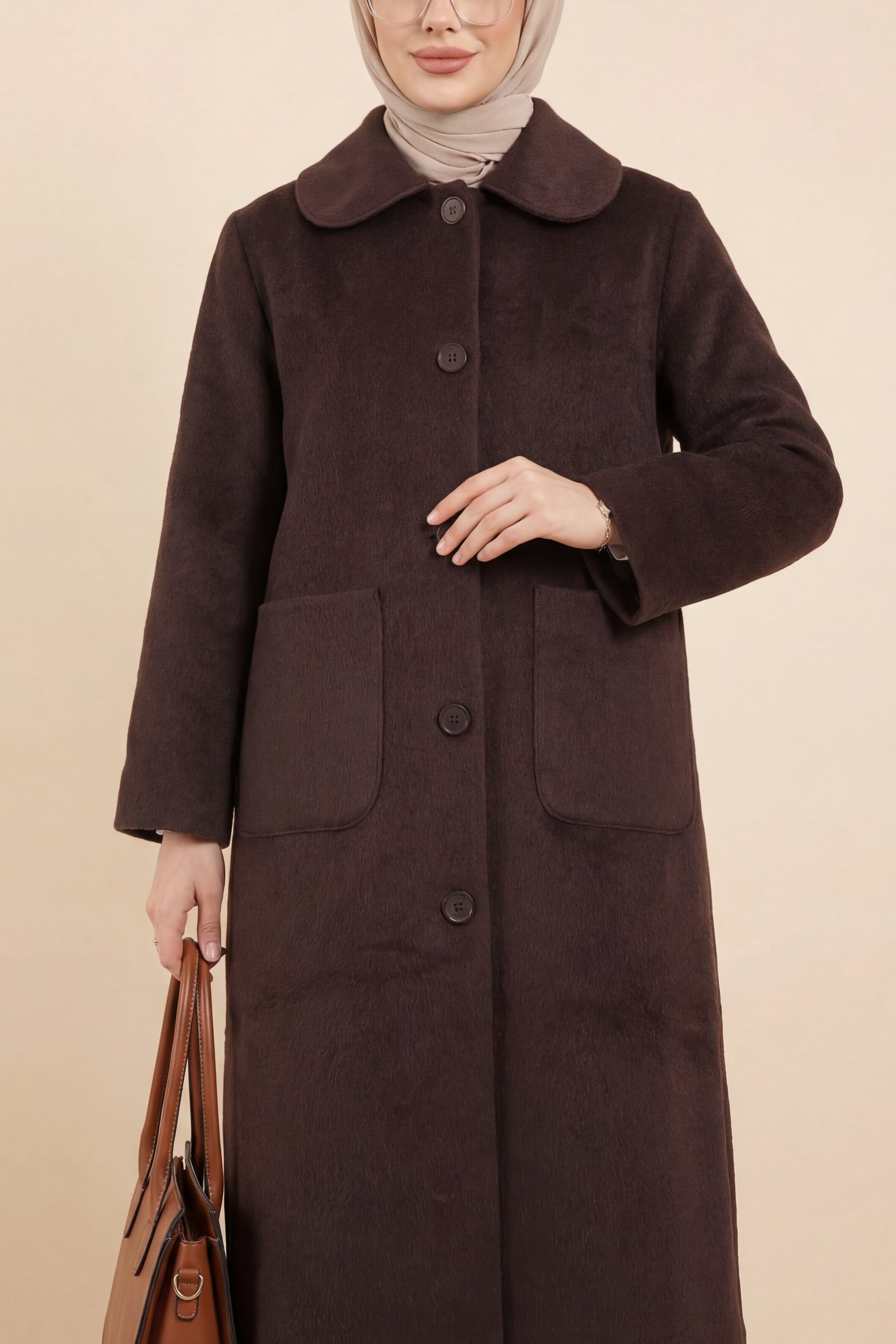 Long Button-Front Pocket Coat - Brown - Podyumplus - by Peralane - photo 2