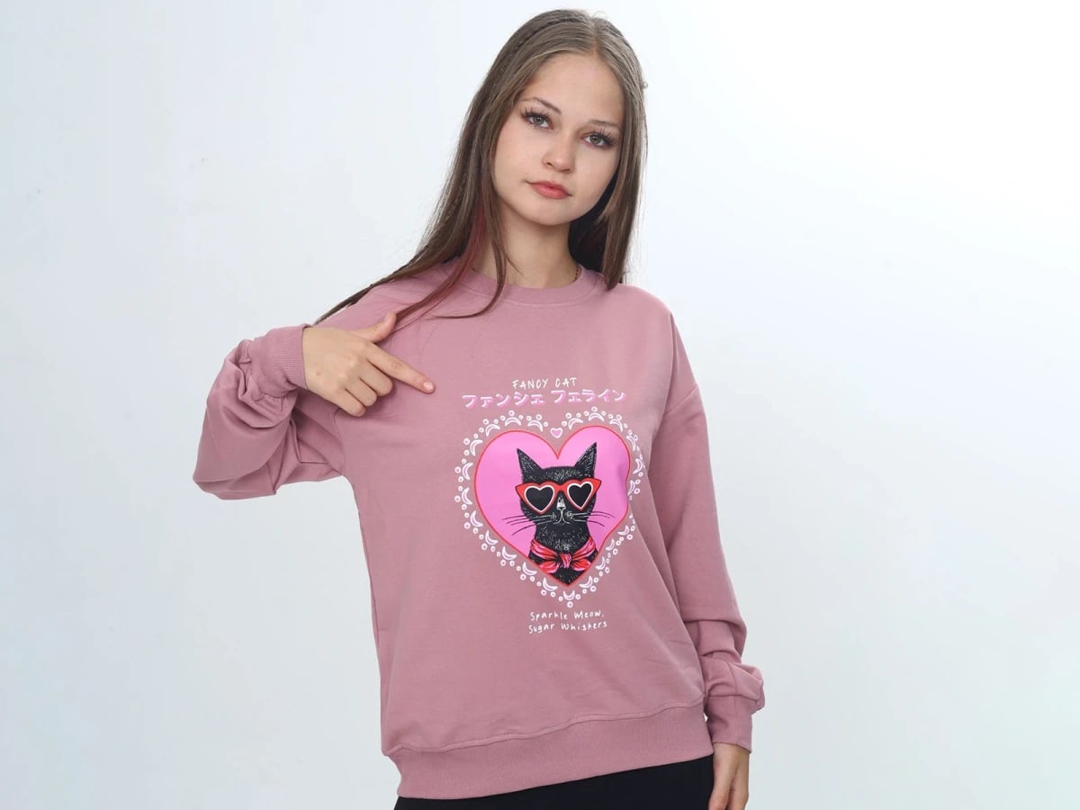 Girls' Cat Print Sweatshirt - Dusty Pink - Vizviz - by Peralane