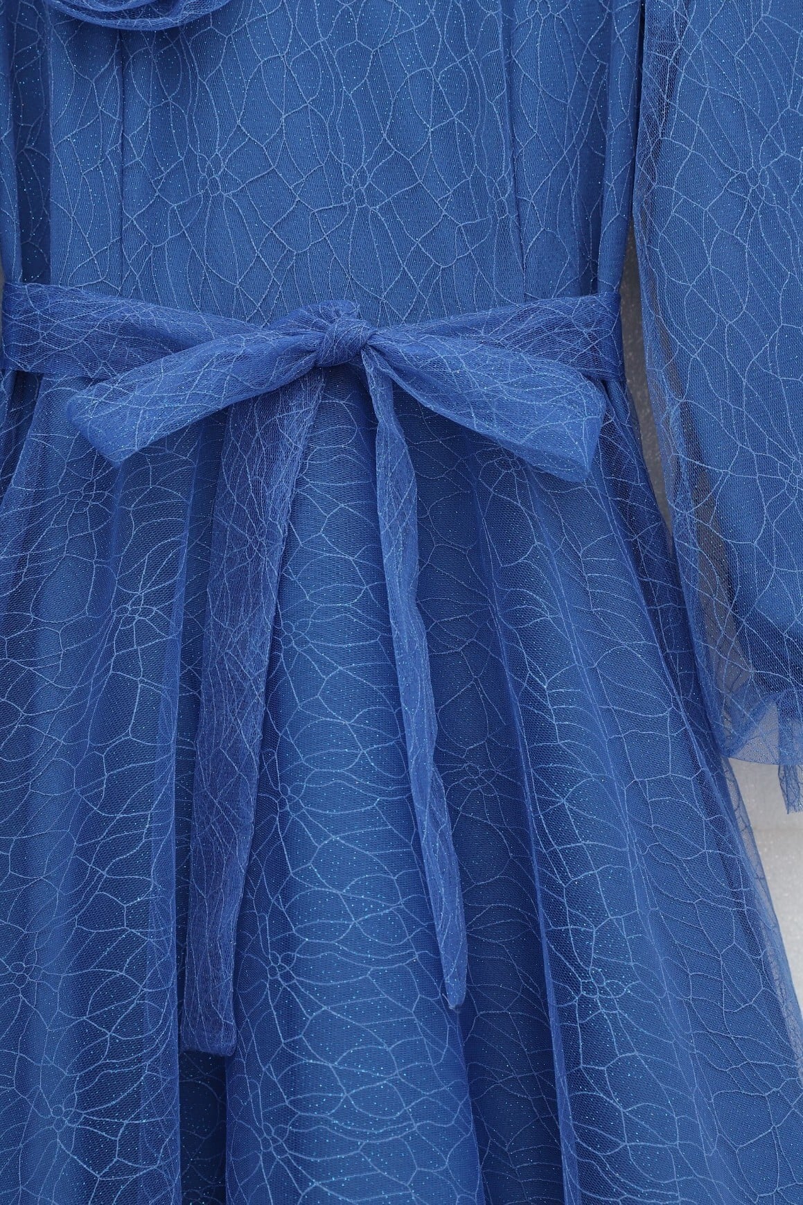 Blue Sequined Tulle Evening Dress with Belted Waist and Balloon Sleeves - Podyumplus - by Peralane - photo 6