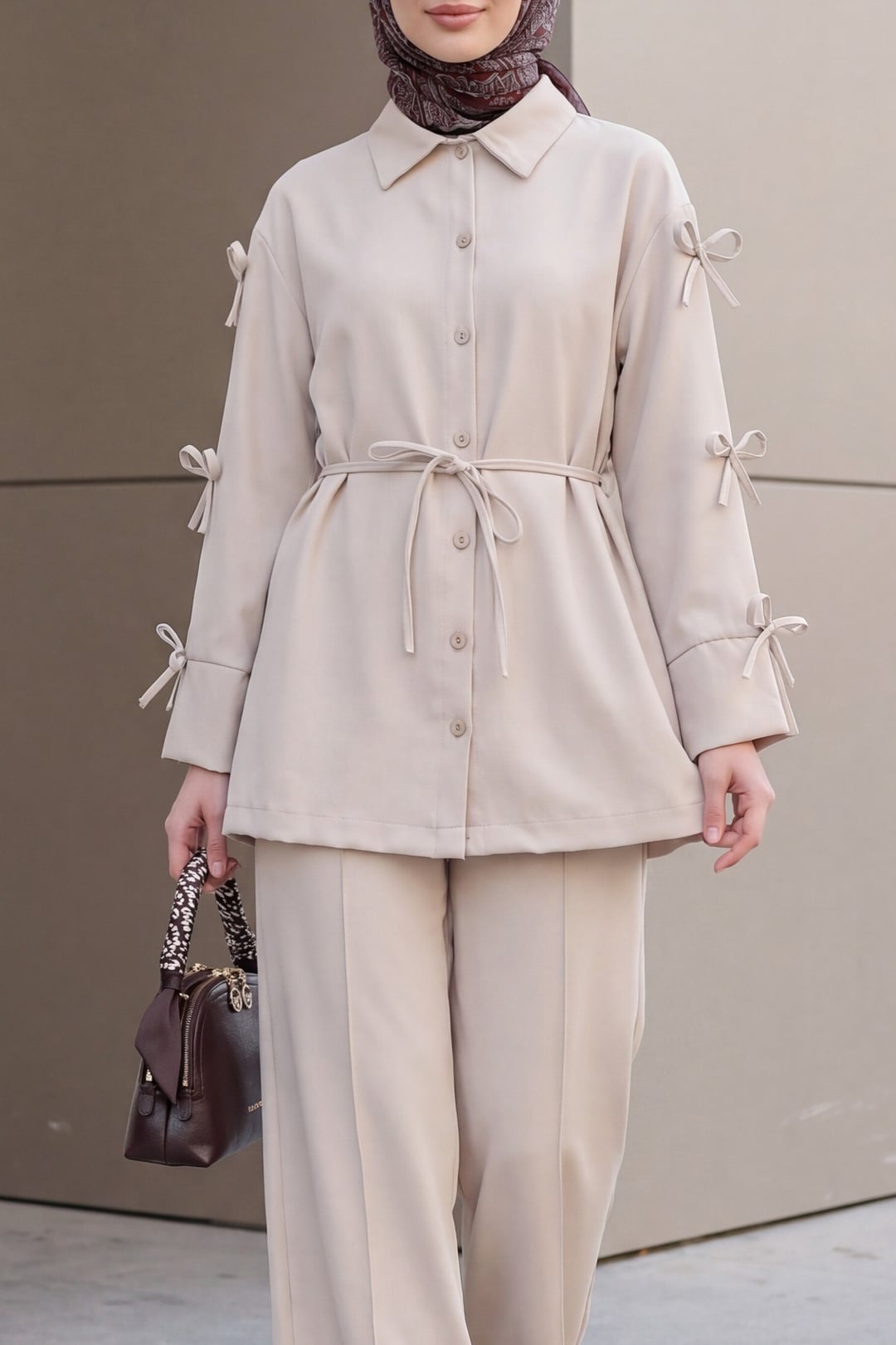 Beige Crepe Two-Piece Set with Bow Detail Sleeves - Podyumplus - by Peralane
