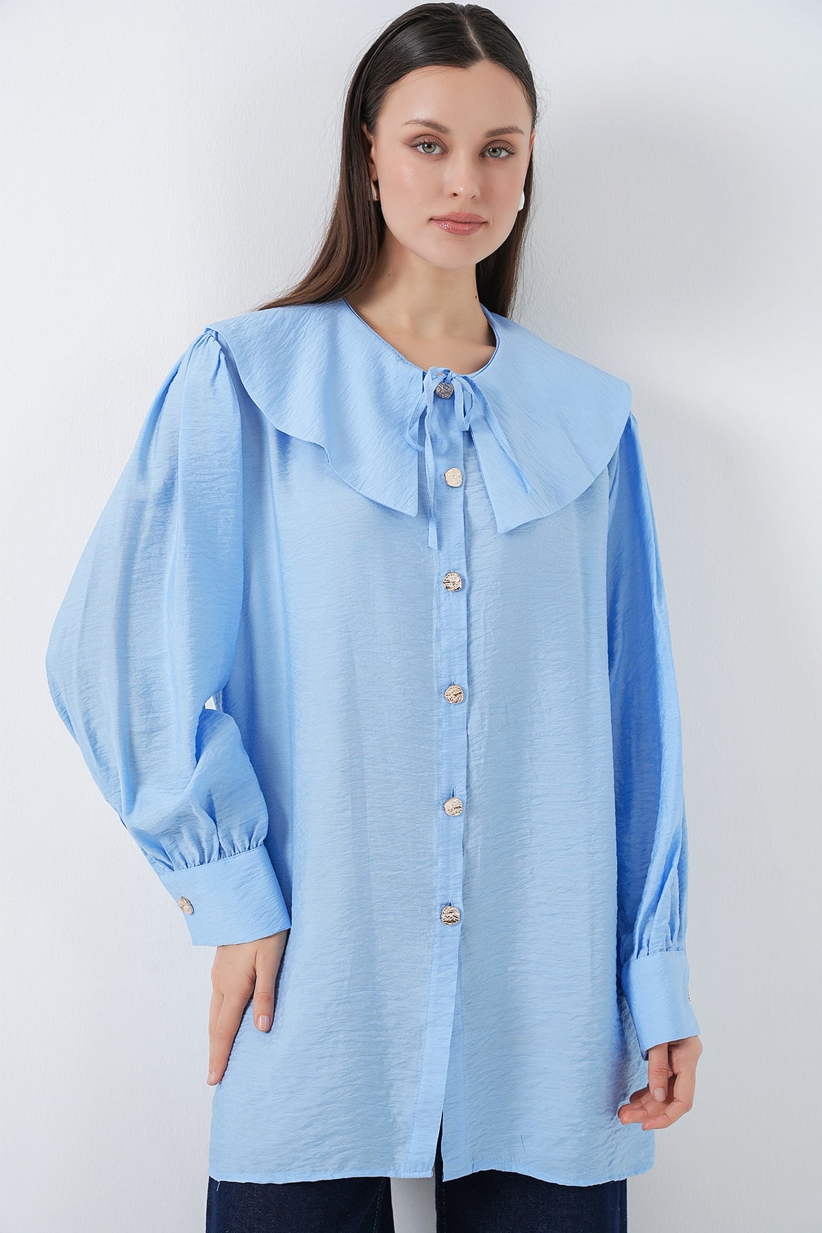 Women's Light Blue Peter Pan Collar Long Tunic - Bigdart - by Peralane - photo 7