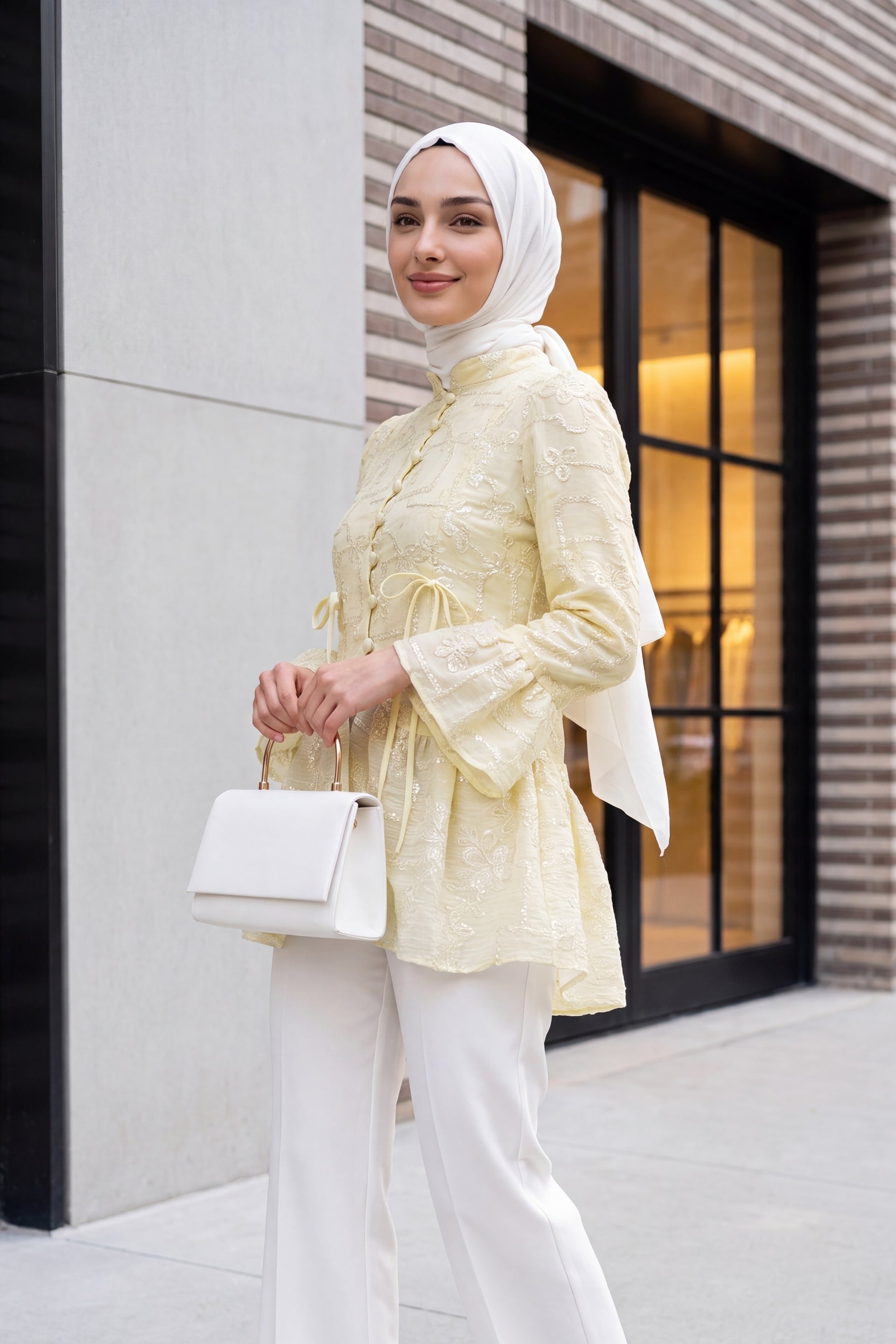 Pale Yellow Embroidered Peplum Tunic with Bell Sleeves - Podyumplus - by Peralane - photo 2