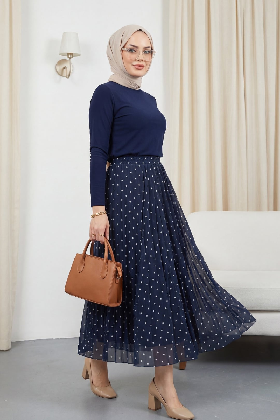 Navy Blue Polka Dot Lined Tulle Skirt with Elastic Waist - Podyumplus - by Peralane - photo 2