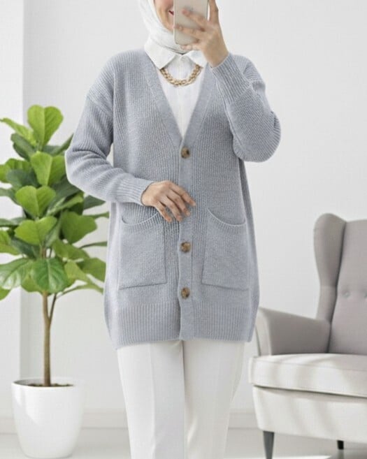 Grey Double Pocket Knit Cardigan - Podyumplus - by Peralane - photo 3