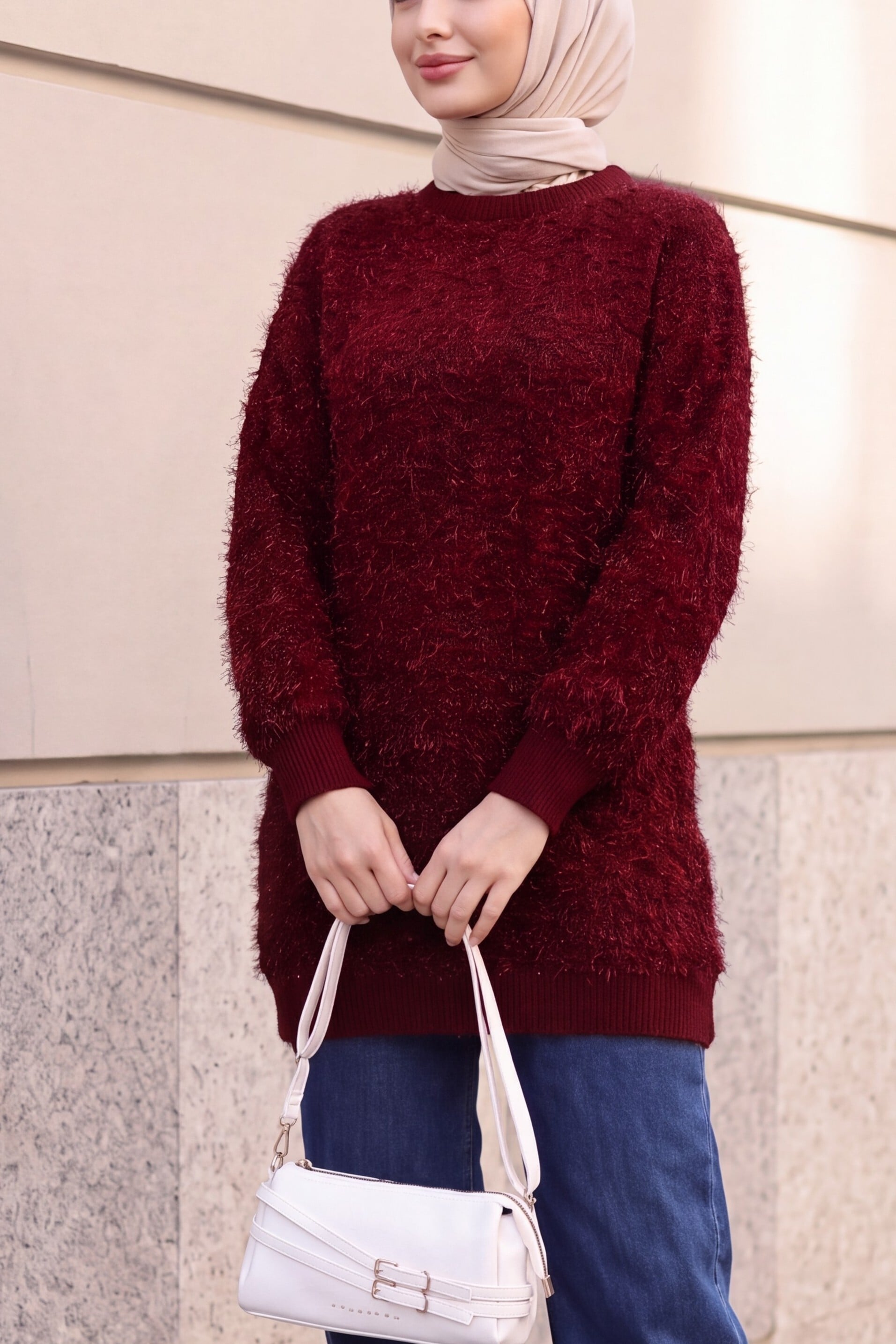 Crew Neck Sim Detailed Bearded Knit Tunic - Burgundy - Podyumplus - by Peralane